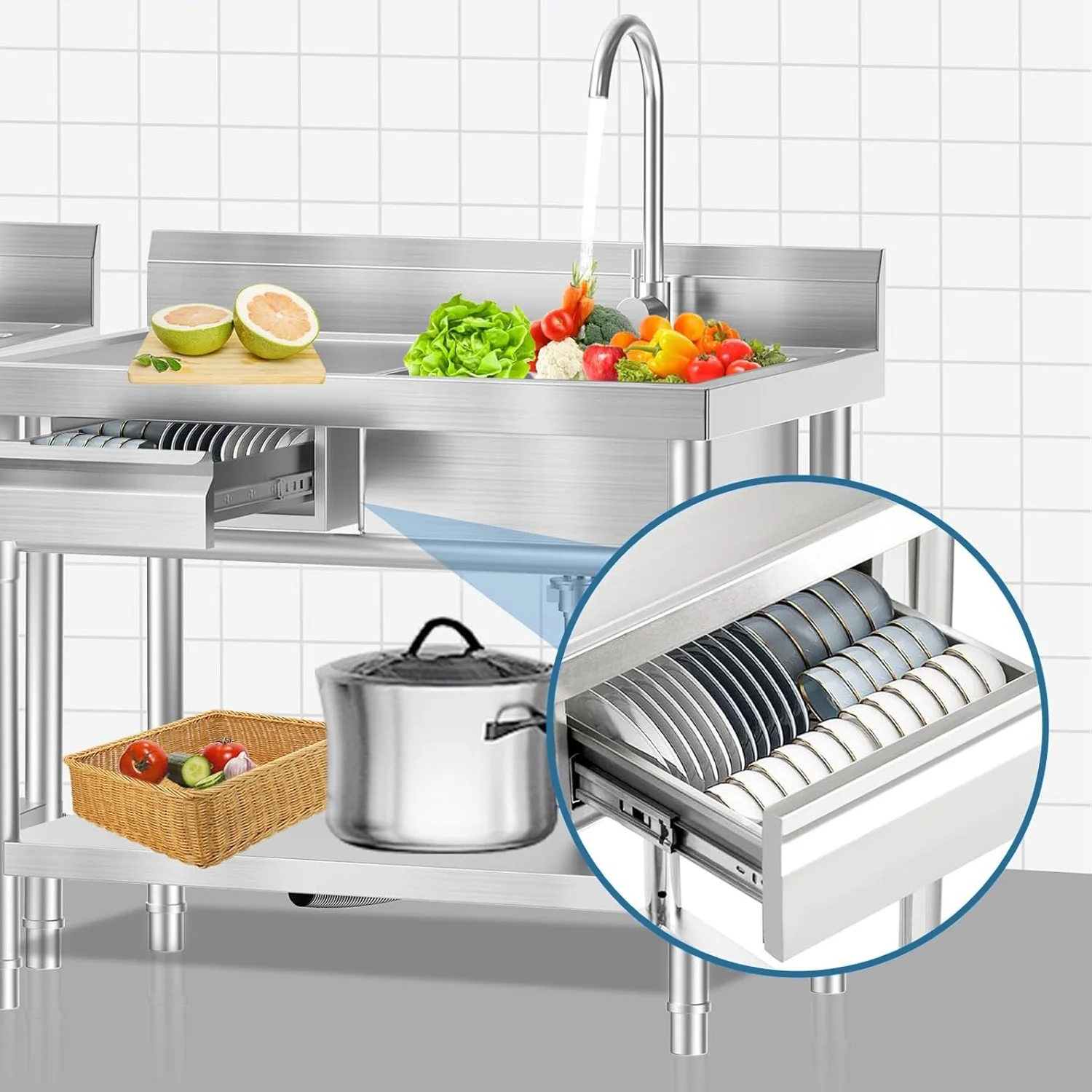 Stainless Steel Utility Sink Commercial Kitchen Sink 40'' Free Standing Tool Sink with Drawer & Cold and Hot Water Pipe for Kitchen Laundry Room Depot Indoor and Outdoor - Image 4
