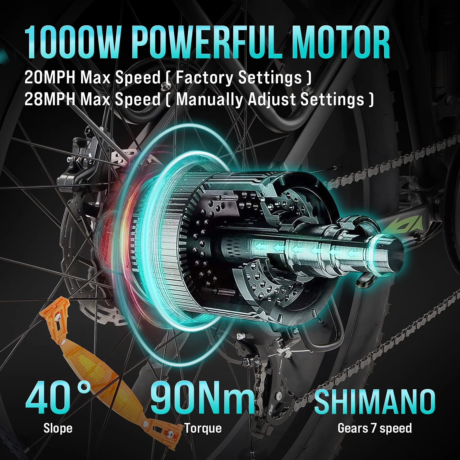 Electric Bike for Adults,1000W E Bikes for Men,26" Fat Tire Electric Bikes,48V 17.5AH Battery,28MPH,7 Speed&Dual Hydraulic Disc Brakes,LCD Screen,60Miles Range,Electric Mountain Bicycle - Image 9