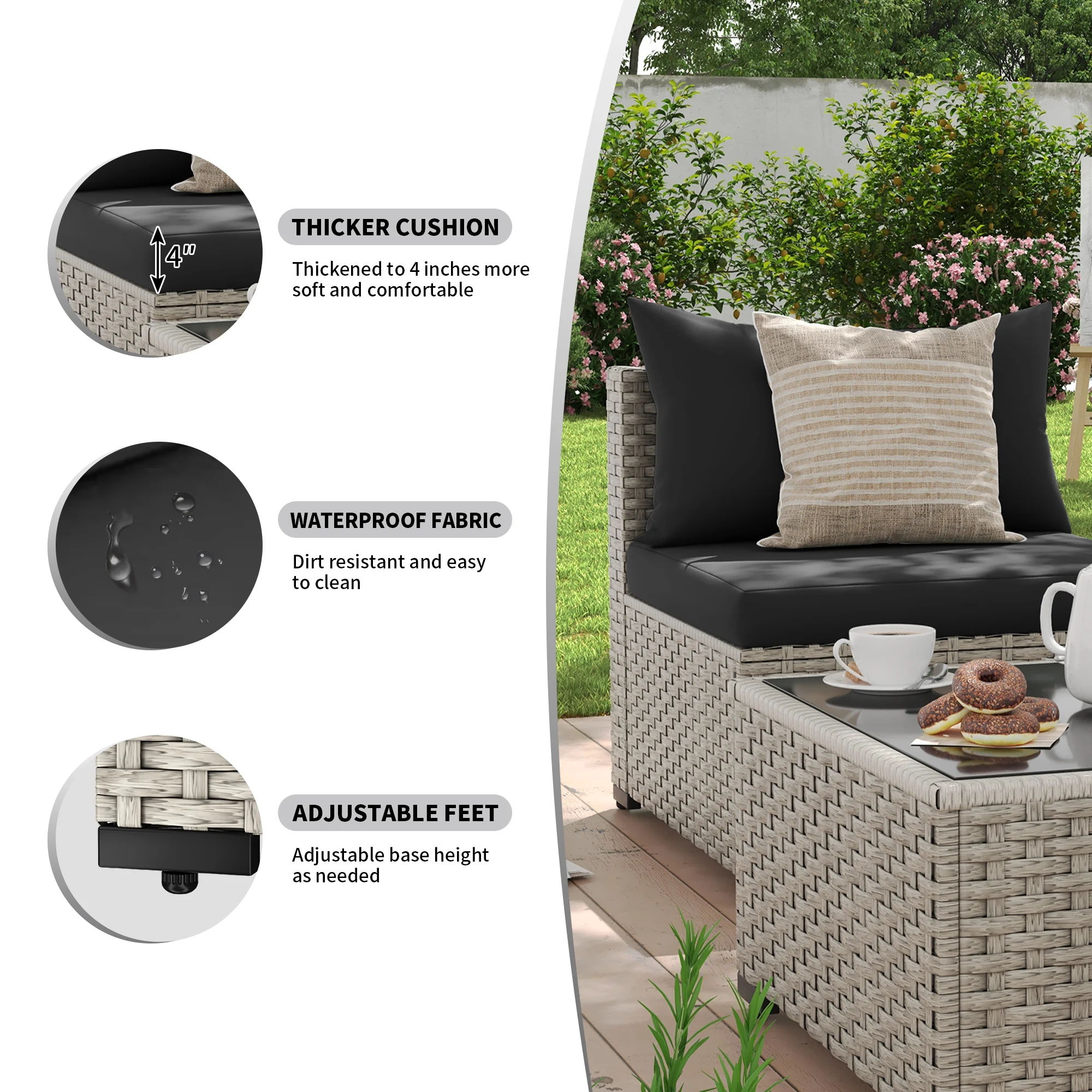 7 Pieces Patio Conversation Set, Outdoor Sectional PE Rattan Wicker Furniture Seat,Dark Gray - Image 50