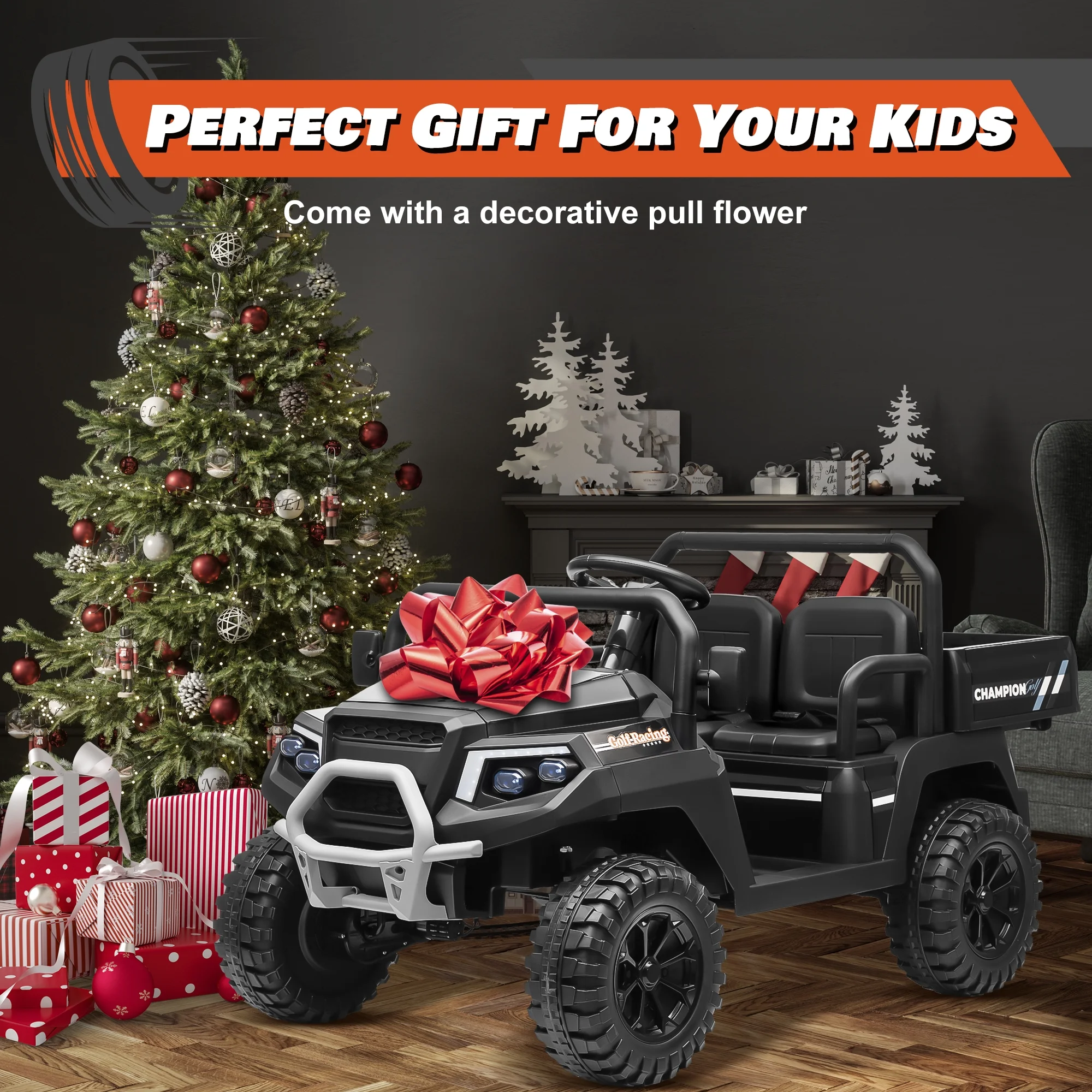 Joyracer 4WD 24 Volt Ride on Toys UTV with 2 Seater & Remote Control, Kids Electric Golf Cart w/ 4x200W Power Motors, Tiltable Trailer & Shovel, 4 Wheels Spring Suspension, Bluetooth USB Music, Black - Image 10