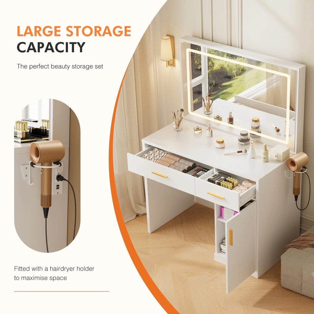 Blorly White Vanity Desk with Mirror, Makeup Vanity Table with LED Lights and Power Outlet, 3 Drawer, 4 Shelves, 1 Cabinet - Image 14