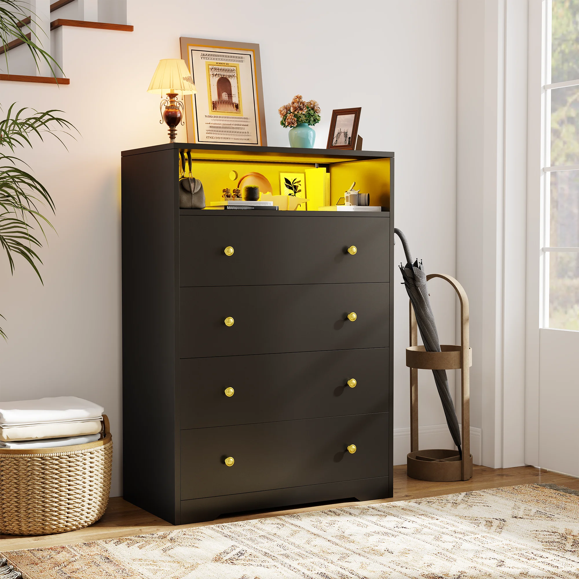 4-Drawer Black Wood Dresser with LED Lights,Modern Chest of Drawers for Bedroom,Living Room