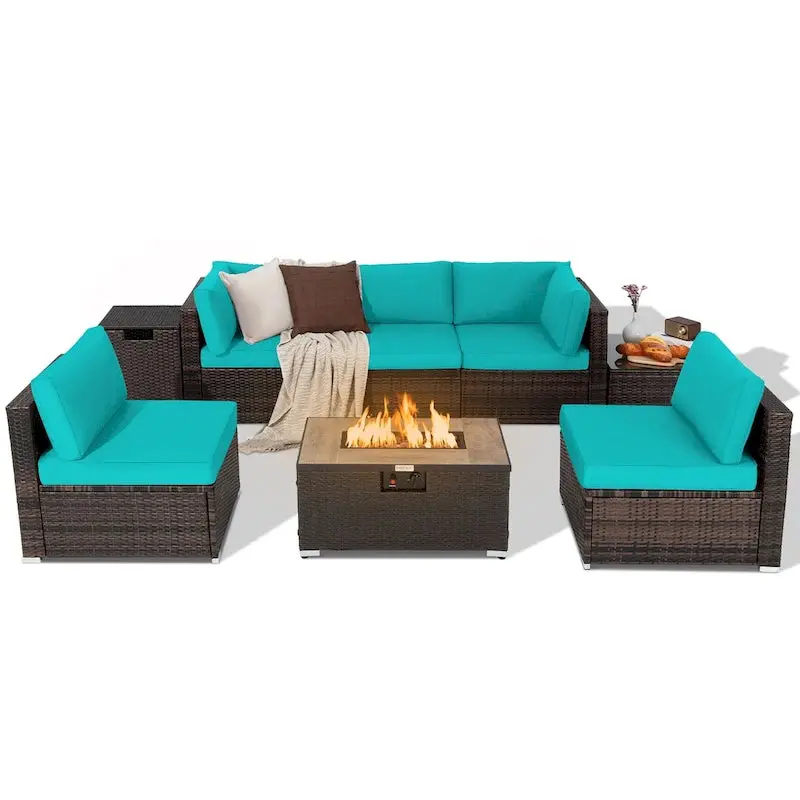8-Piece All-Weather PE Rattan Patio Conversation Set With Fire Pit Table, Tank Holder And Cover - Image 2 8-Piece All-Weather PE Rattan Patio Conversation Set With Fire Pit Table, Tank Holder And Cover - Image 2