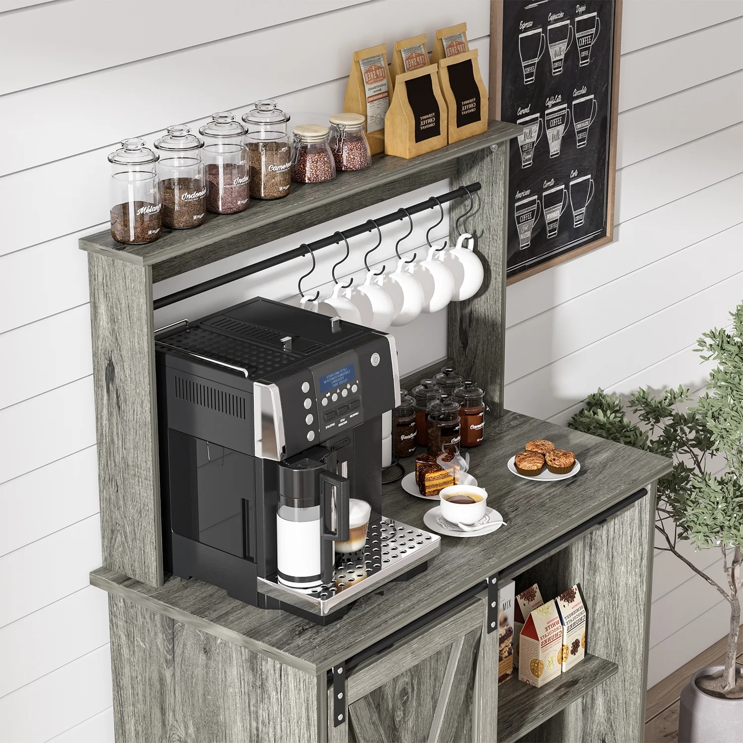Catrimown Coffee Bar Cabinet, Barn Door Sideboard Buffet Cabinet with Storage, White - Image 19