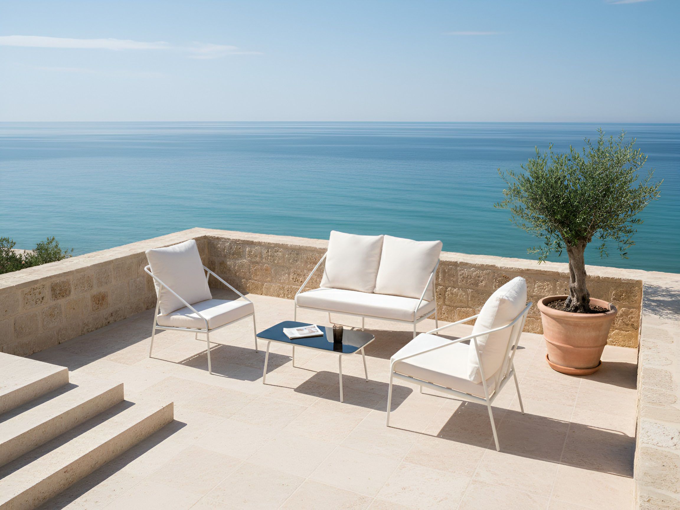 Garden Lounge Set with Table 4 Seater USTICA Metal White