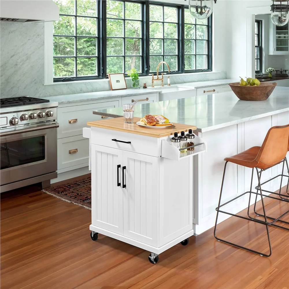 Renwick Rolling Kitchen Cart with Storage and Spice Rack, White