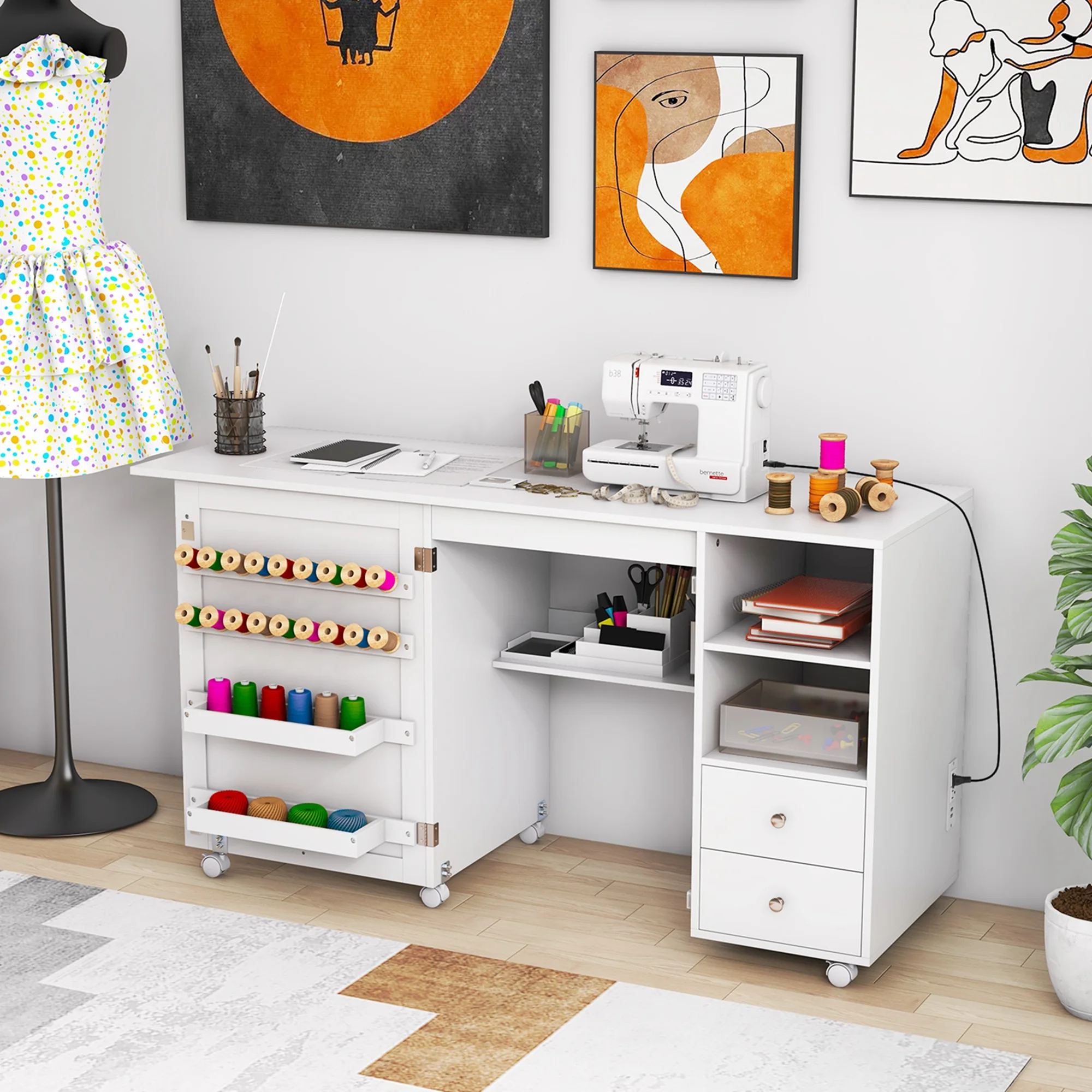 Costway Folding Sewing Table Charging Station Multifunctional Sewing Machine Cart Table - Image 4