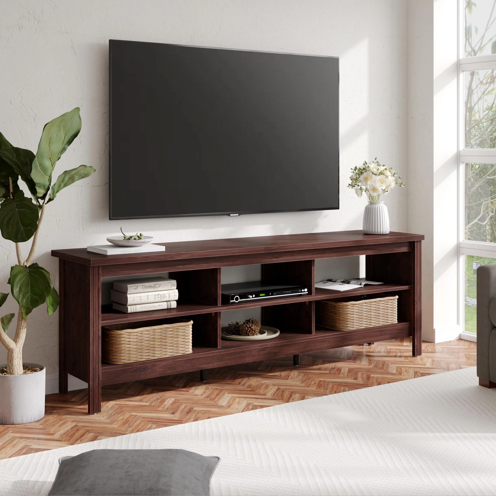 Farmhouse TV Stand for 70+ inch TV, Brown Entertainment Center with 6 Cubby for Living Room, Bedroom