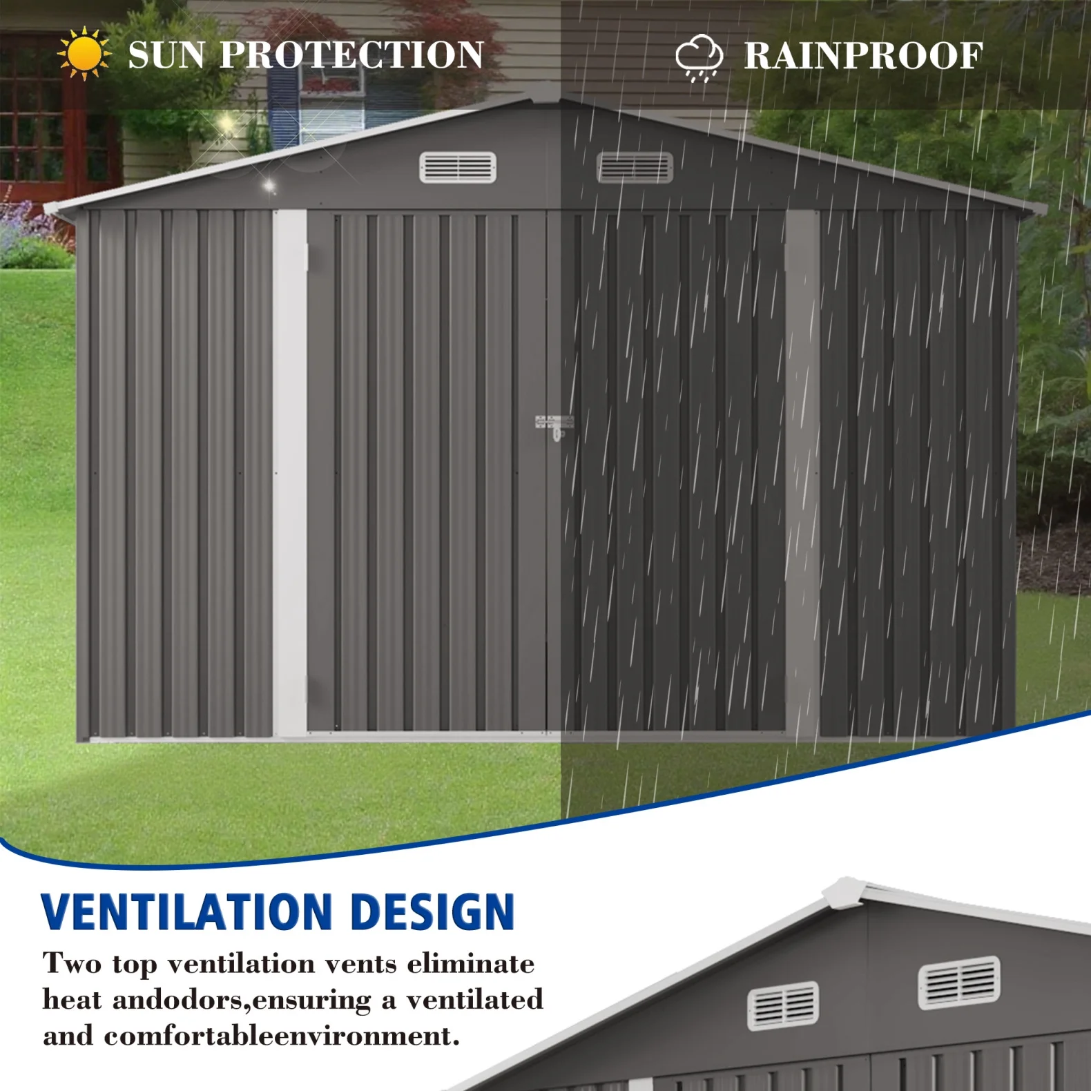 10 x 8 FT Outdoor Storage Shed, Large Metal Storage Shed, Lockable Door and Air Vent, Clear Window Garden Tool Shed for Bicycles, Tools, Lawnmowers, Backyards, Patios, Lawns - Gray - Image 5