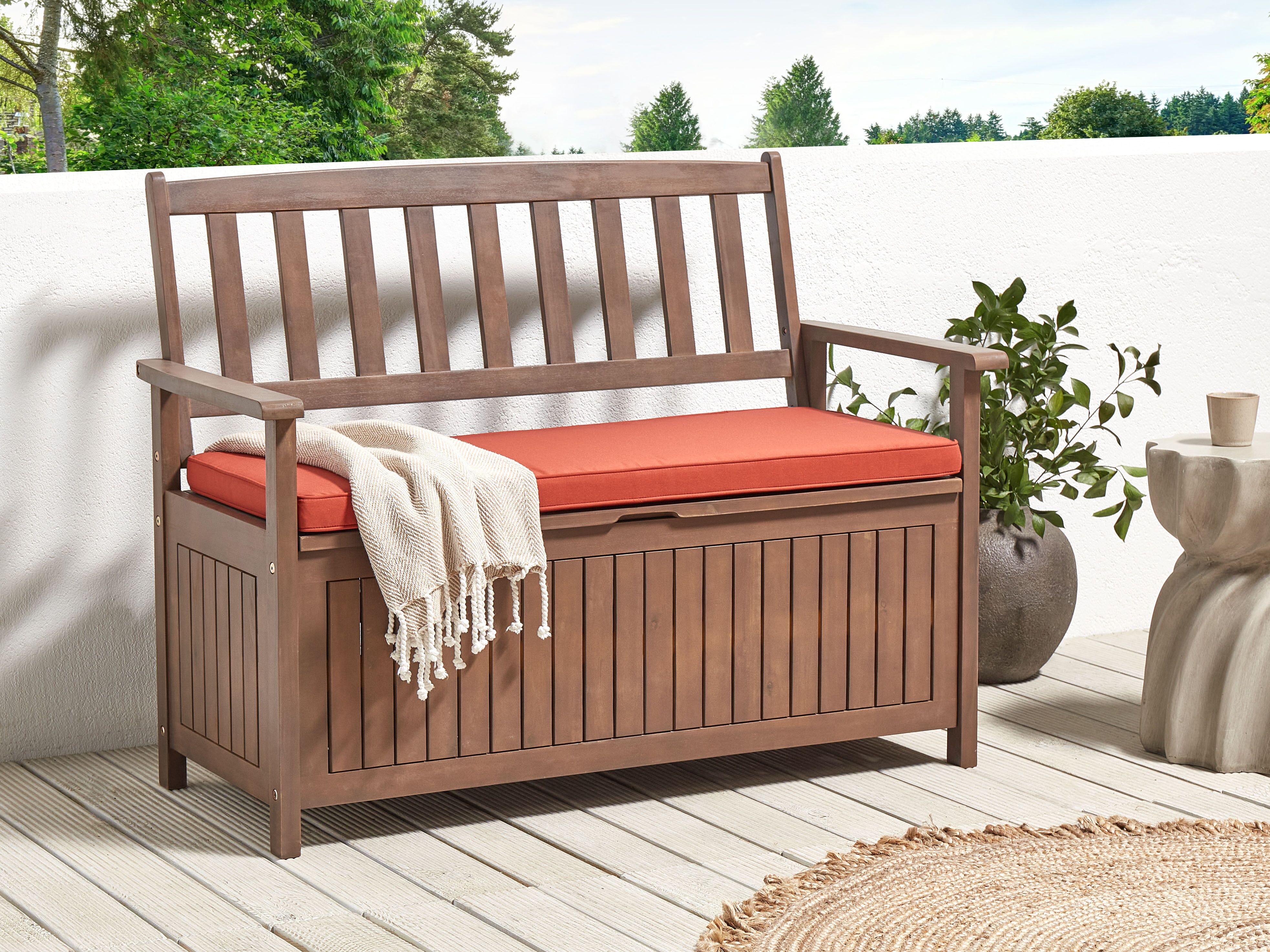 Garden Bench with Cushion SOVANA 120 cm with Storage Acacia Wood Red