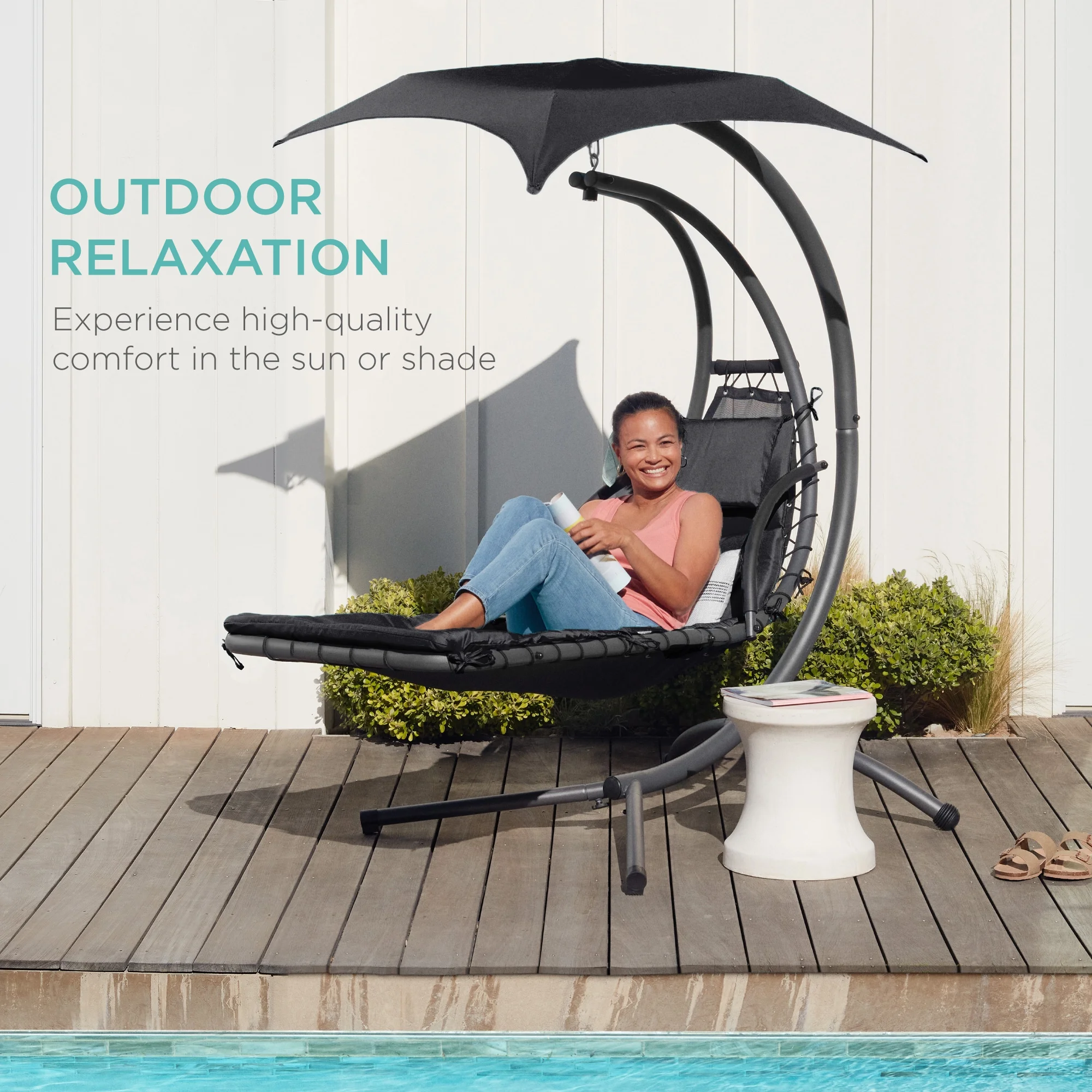 Best Choice Products Hanging Curved Chaise Lounge Chair Swing for Backyard, Patio w/ Pillow, Shade, Stand - Teal - Image 96