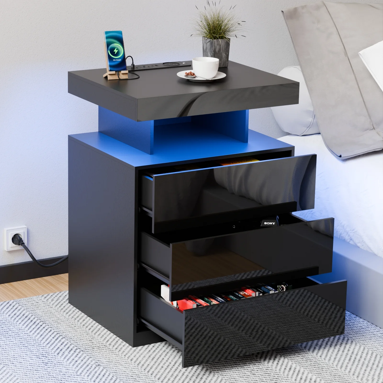Hommpa LED Nightstand Wireless Charging Station USB Type C Outlets Bedside Table 3 Drawers Black Night Table Modern Smart Nightstand High Gloss End Side Table for Bedroom Furniture 26.8" Tall - Image 11