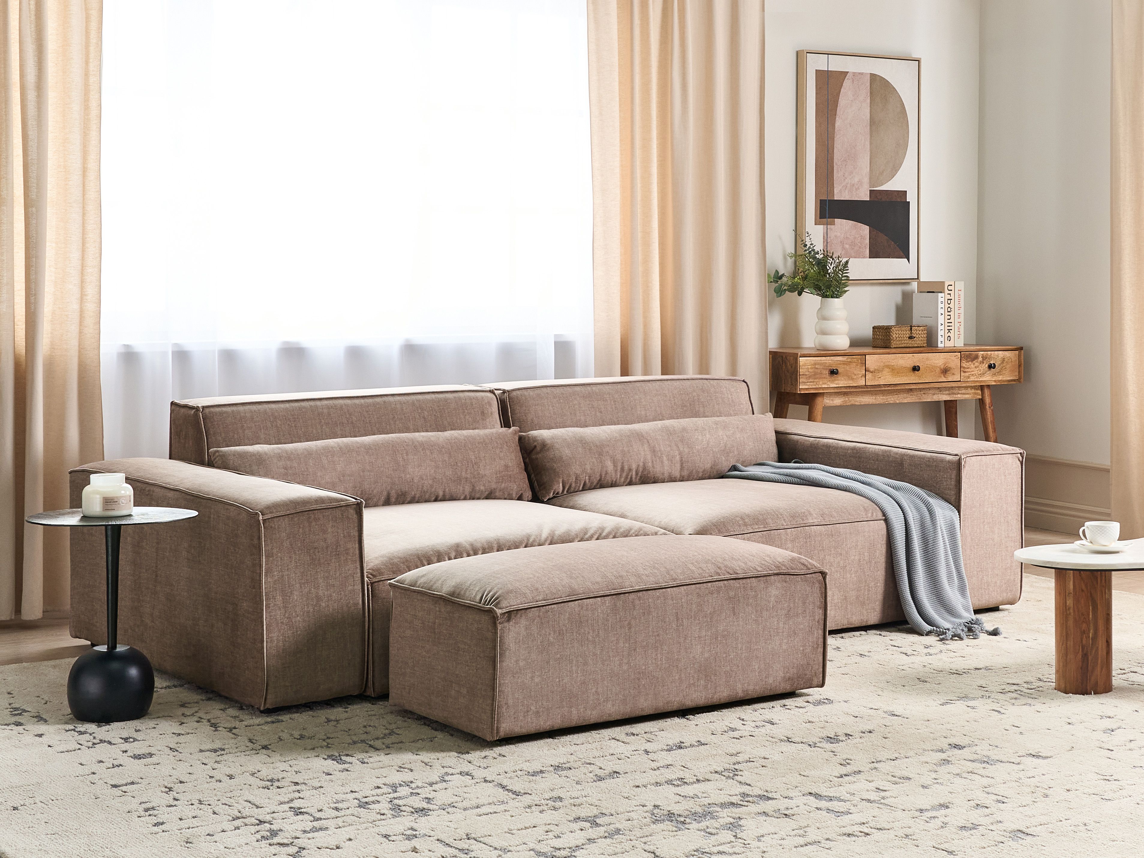 Modular Sofa 3 Seater HELLNAR Fabric Light Brown with Ottoman