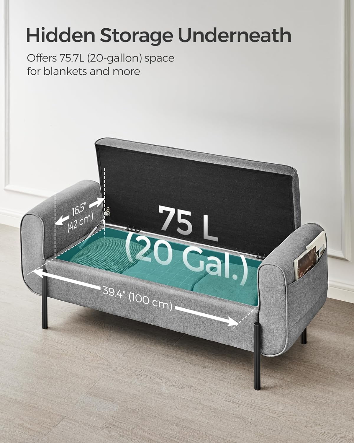 SONGMICS 46.5" Storage Ottoman Bench Storage Bench Bedroom Bench 330lb Load Capacity Solid Wood Legs Light Gray - Image 24