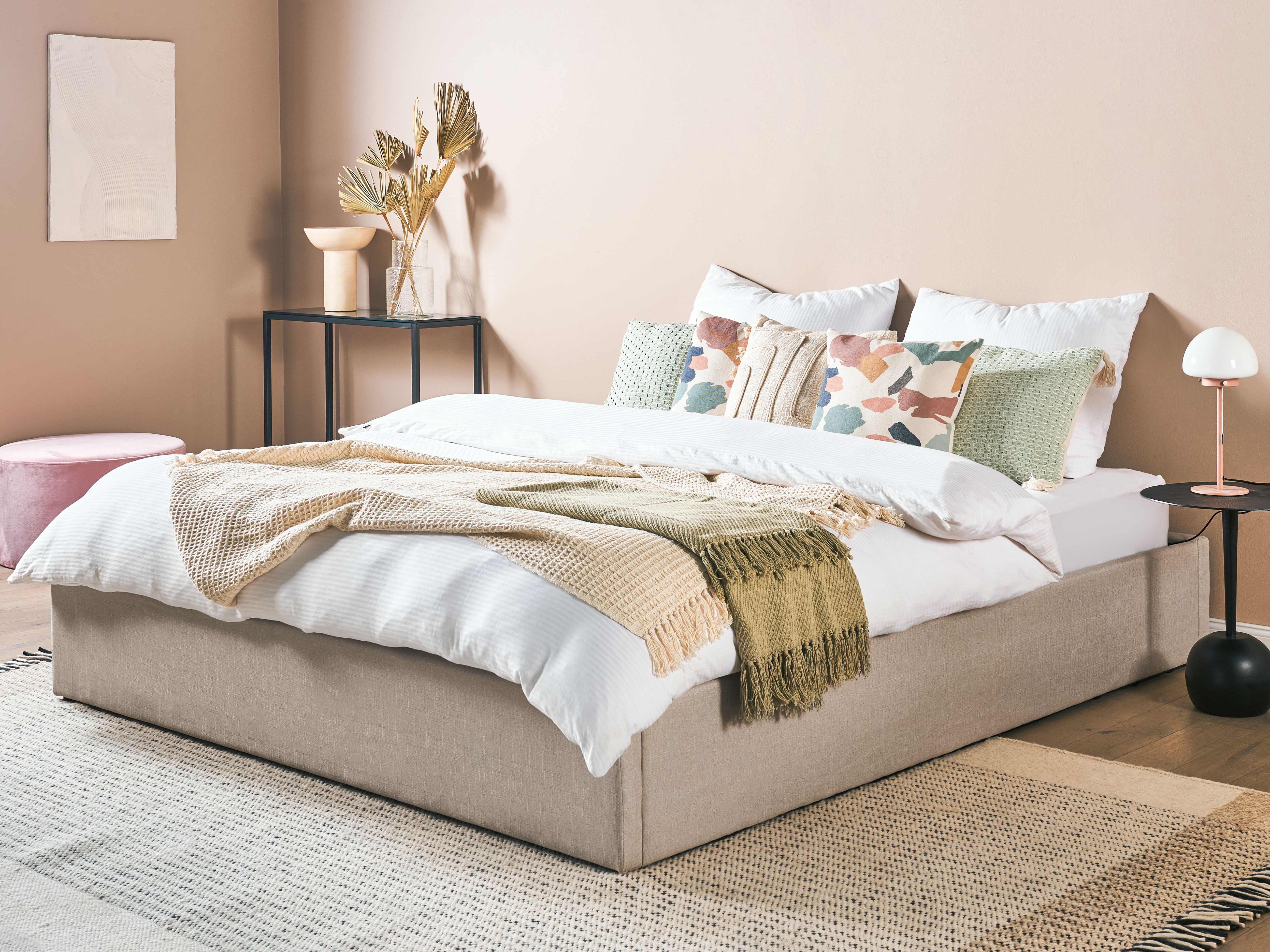Ottoman Bed without Headboard Fabric DINAN 180 x 200 cm (EU Super King) Light Brown