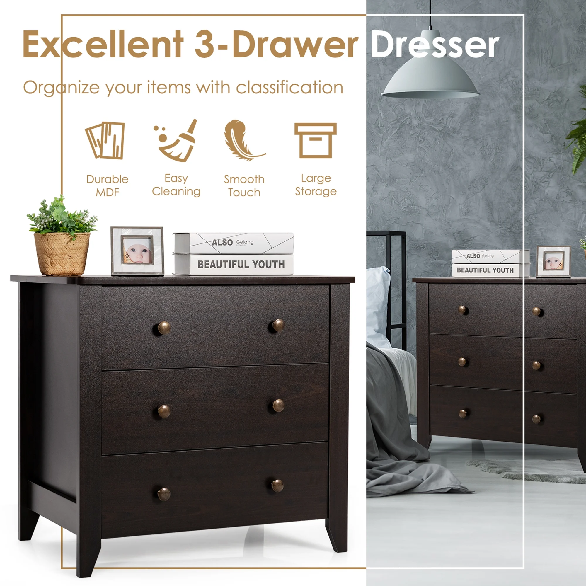 Gymax 3 Drawer Dresser Chest of Drawers Bedside Table for Living Room Bedroom Espresso - Image 9