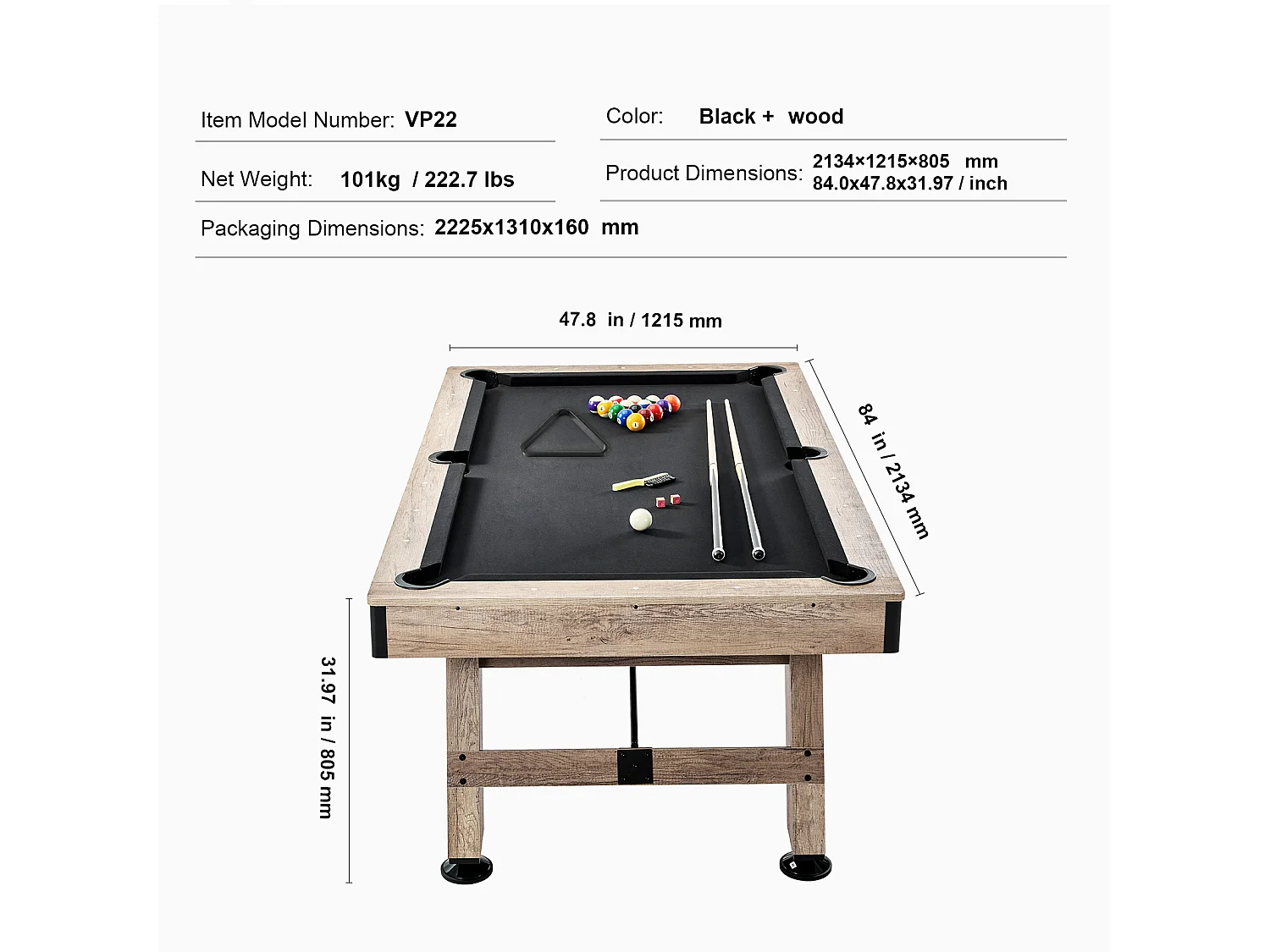 Table de Billard de 213 cm, Table Transformable - Ensemble de Table de Billard, Tissu Noir, pour Salle de Jeux