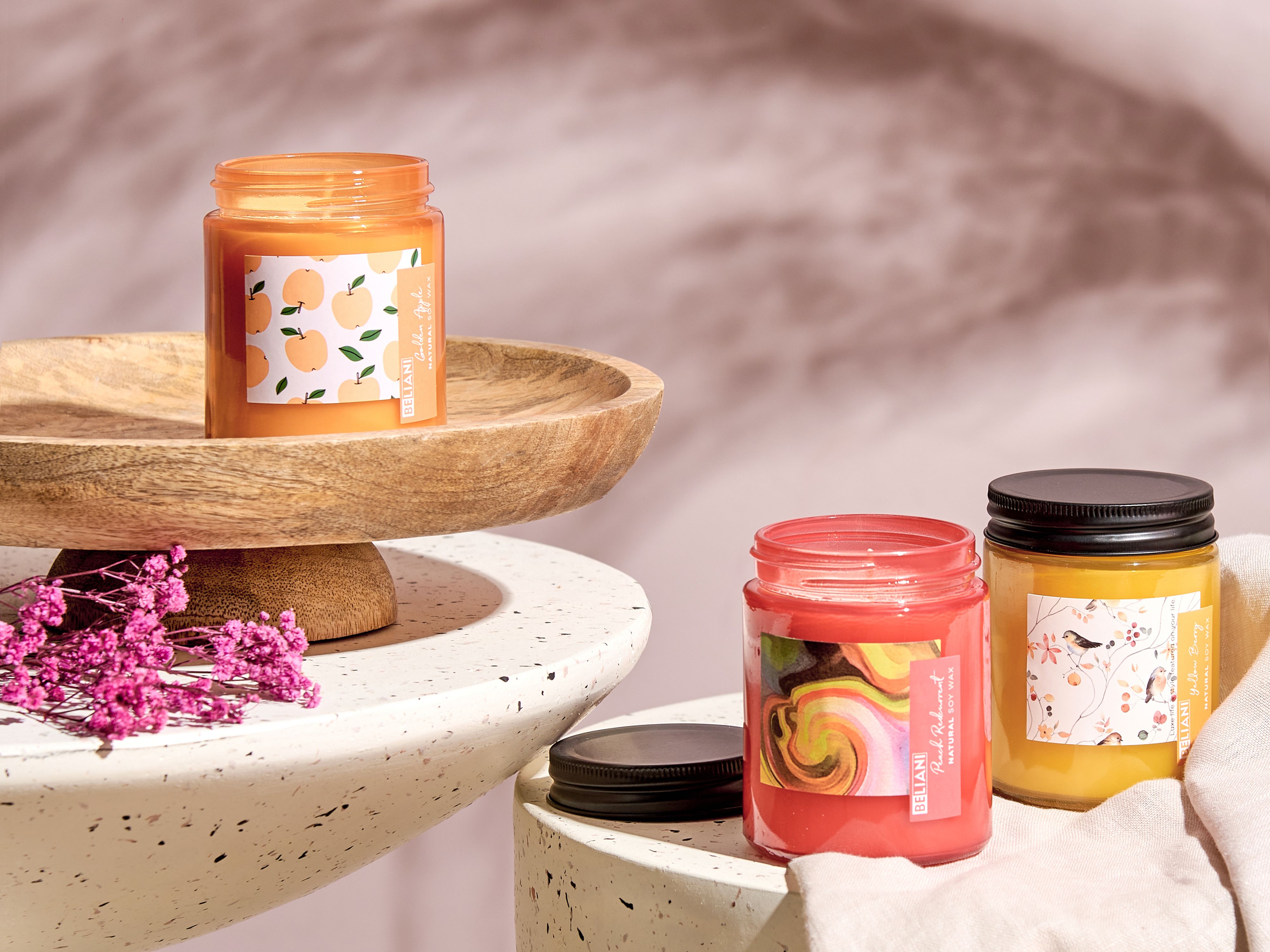 Set of 3 Scented Candles FRUITY BLOOM Soy Wax Fruity Notes