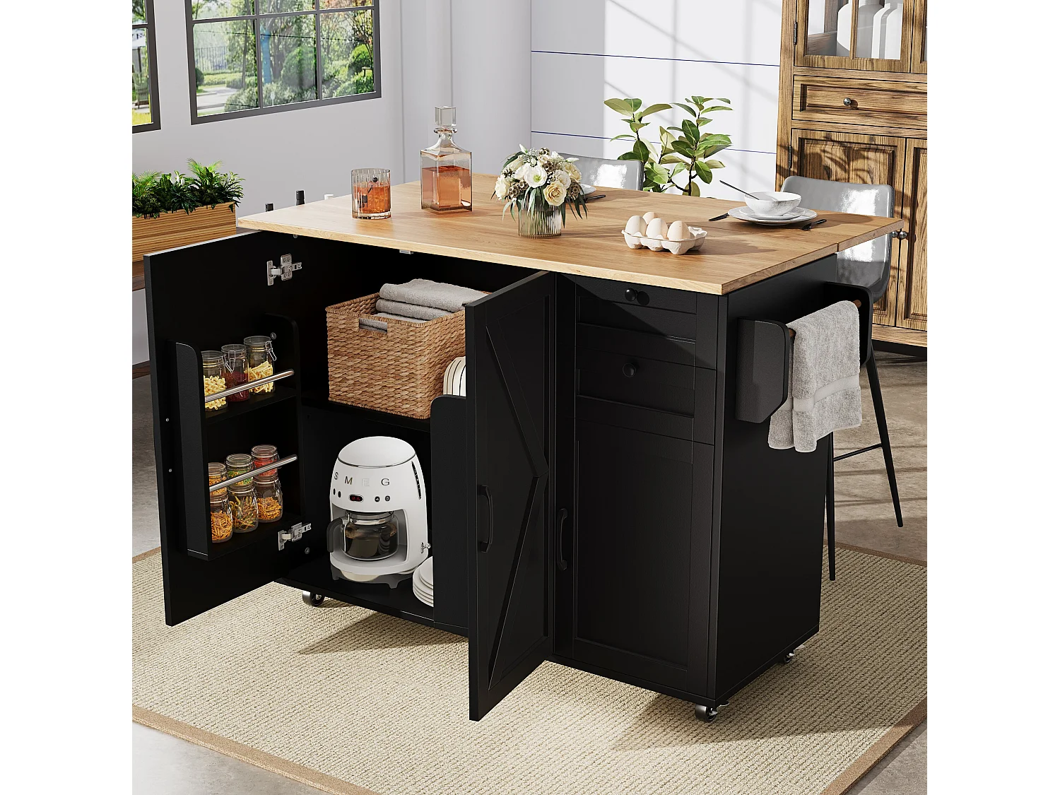 Desserte de cuisine avec plan de travail pliable, 3 portes et 2 tiroirs, noir - pour salon et salle à manger