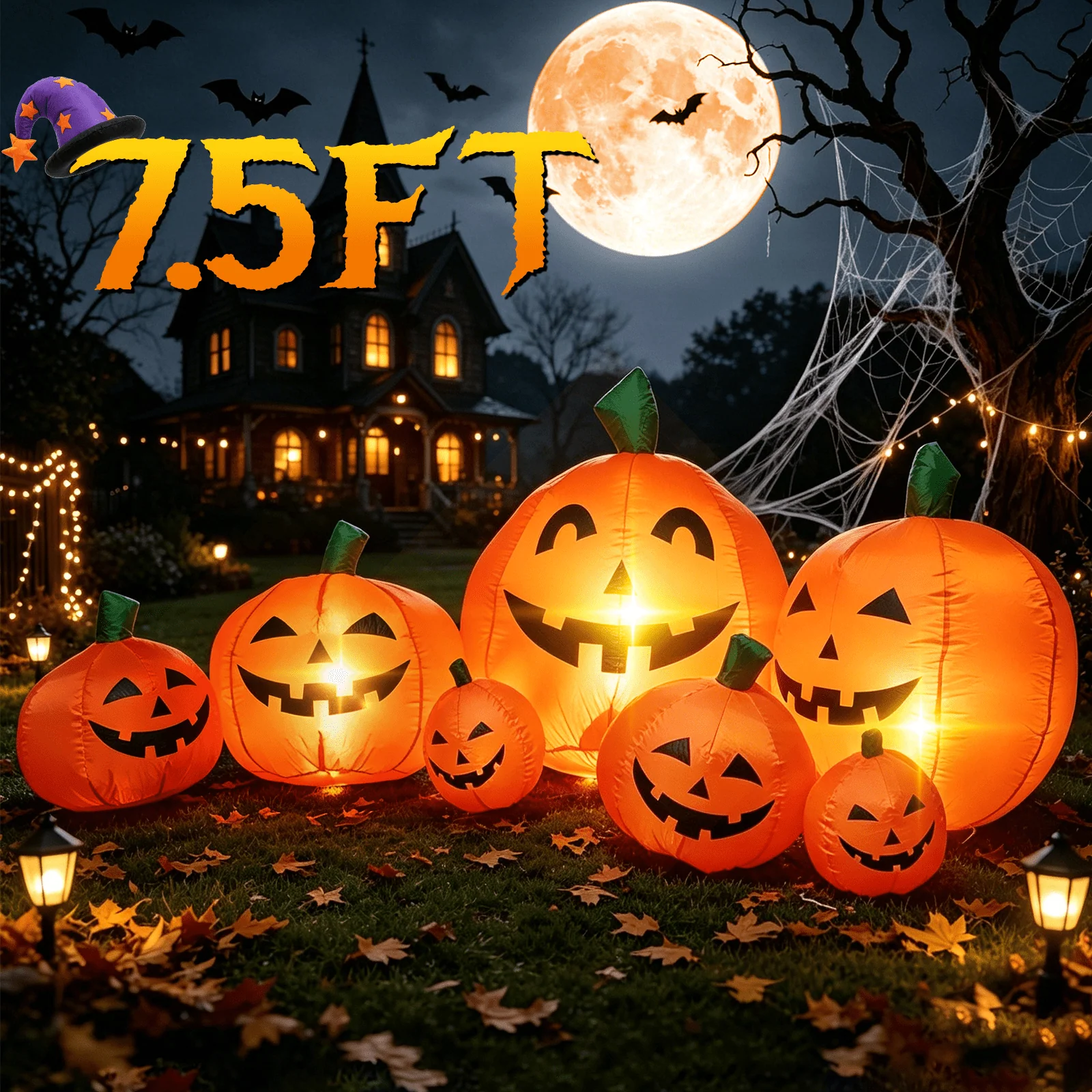 7.5 FT Long Halloween Inflatables Pumpkin Family Lighted,7 Pumpkins Blow Up Yard Decoration, Built-in LEDs, Stakes & Tethers Included for Outdoor Lawn Garden Halloween Decor 7.5 FT Long Halloween Inflatables Pumpkin Family Lighted,7 Pumpkins Blow Up Yard Decoration, Built-in LEDs, Stakes & Tethers Included for Outdoor Lawn Garden Halloween Decor