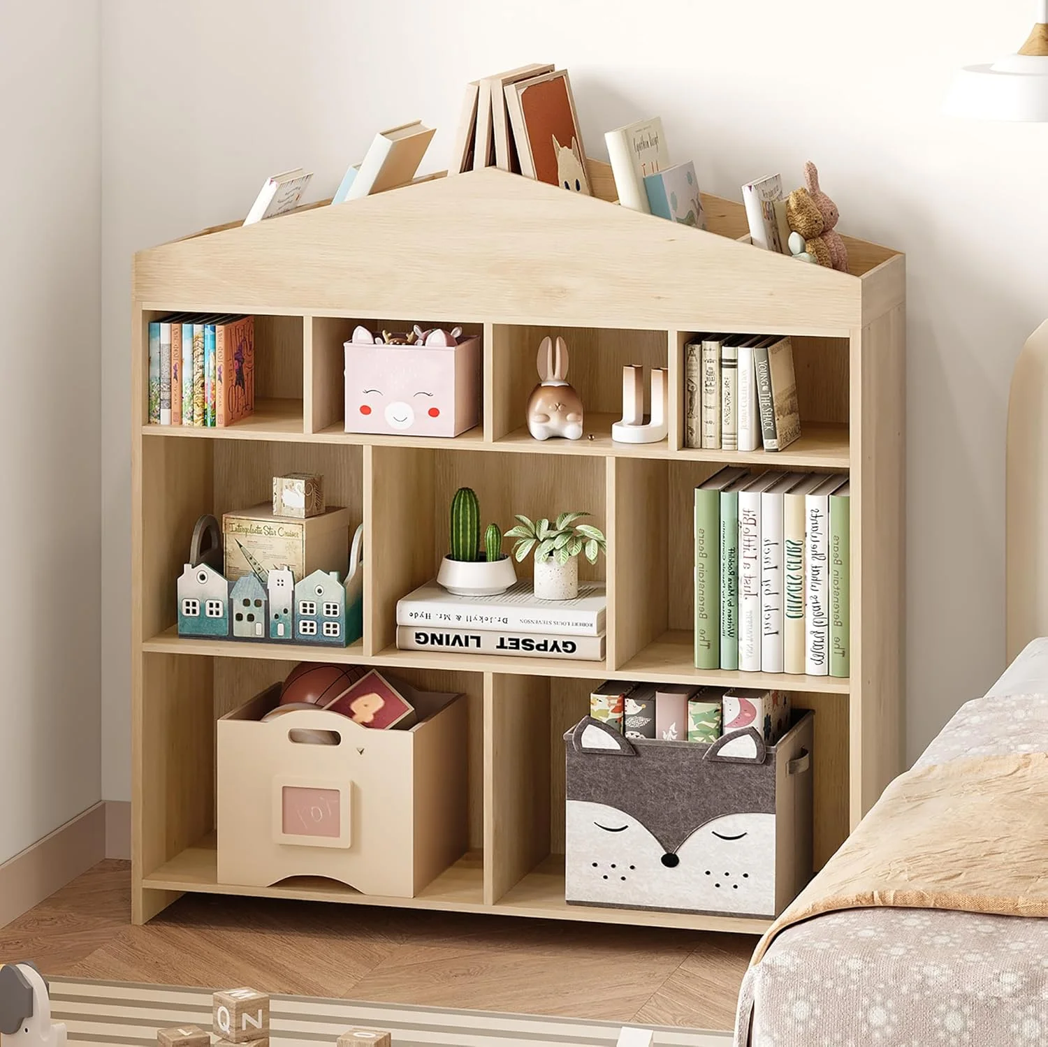 DSstyles Kids Bookshelf 9-Cubby Toy Storage Organizer White Bookcase Toddlers Playhouse Cabinet Shelf for Boys Girls Wooden Storage Toy Shelf for Playroom, Nursery, Kids Room - Image 20