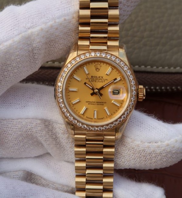 Replica Rolex DateJust 31mm Diamonds Bezel RG Case RG Gold Dial A2235 - Elite Watch Atelier