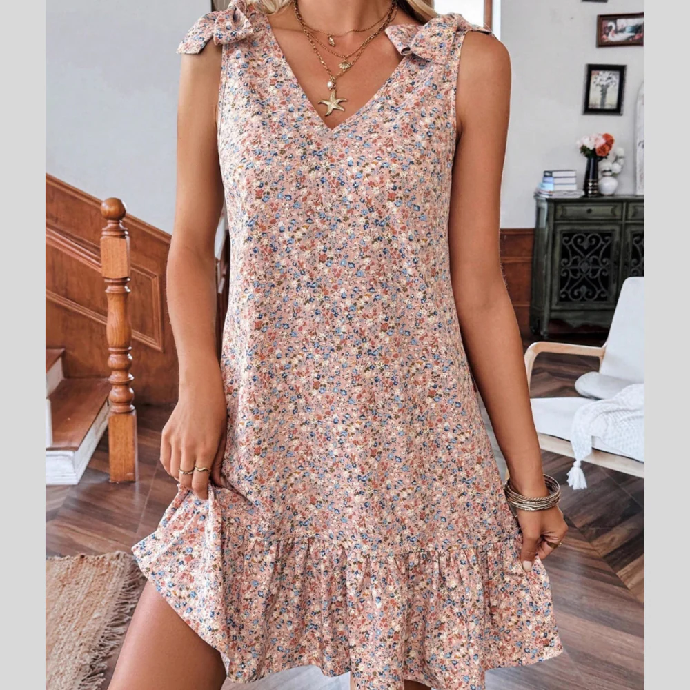 Floral Print Tie Strap Ruffle Hem Mini Dress - ZKZOOK