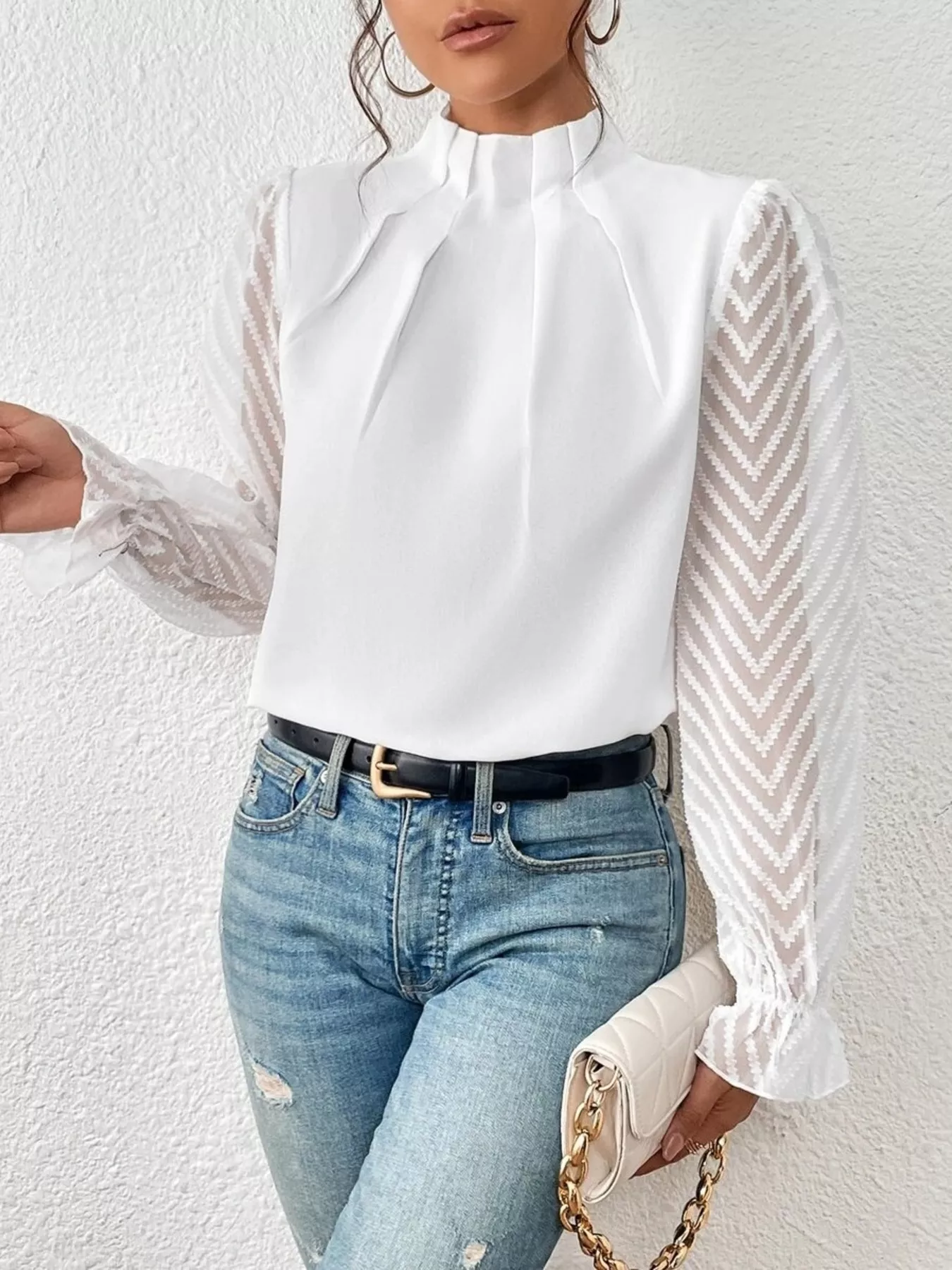 Mock Neck Sheer Lace Sleeve Blouse - ZKZOOK