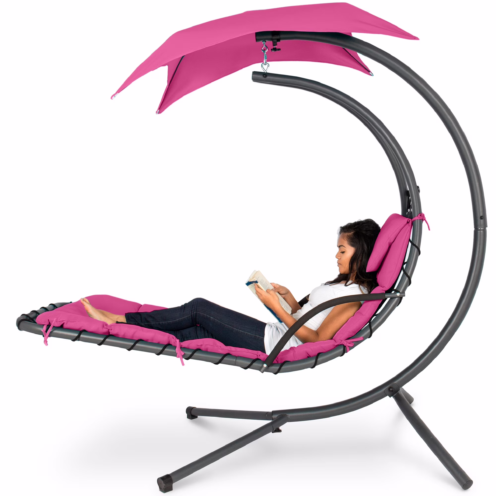 Best Choice Products Hanging Curved Chaise Lounge Chair Swing for Backyard, Patio w/ Pillow, Shade, Stand - Teal - Image 30