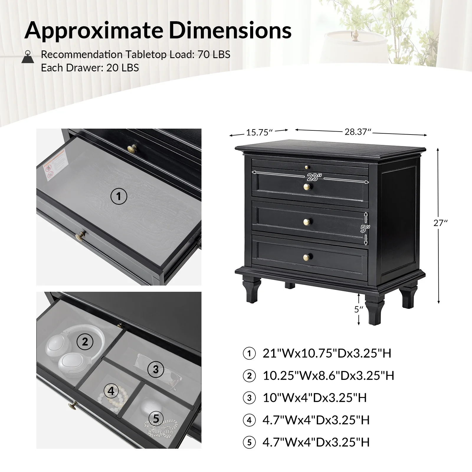 Farmhouse 3 Drawers Nightstand with Tray Bedside Table with Charging Station Acorn - Image 35