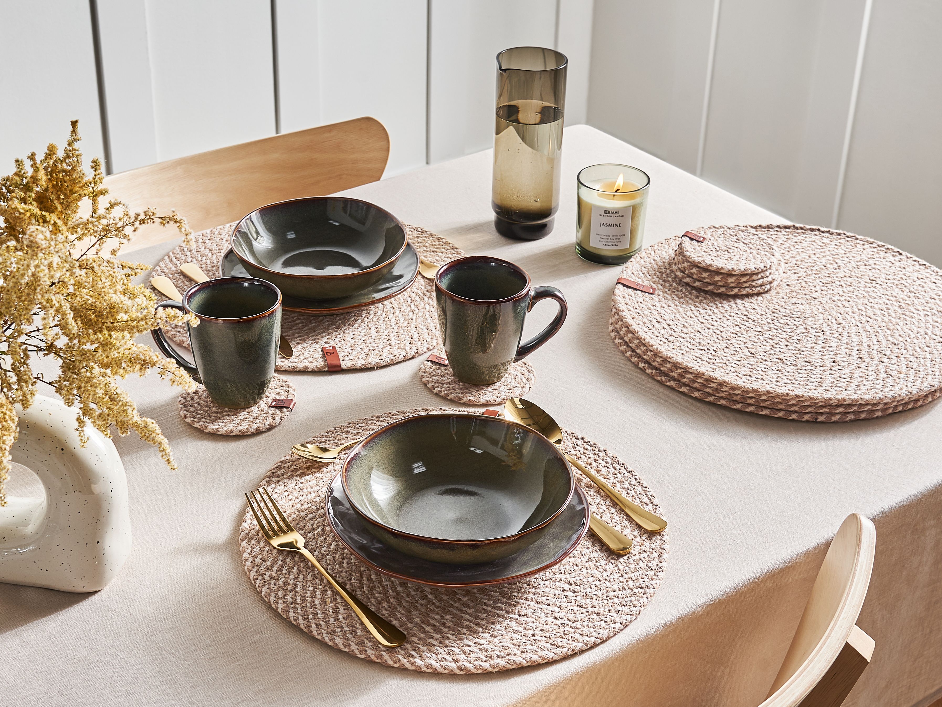 12 Piece Placemats and Coasters Set PIPTURUS Natural Jute