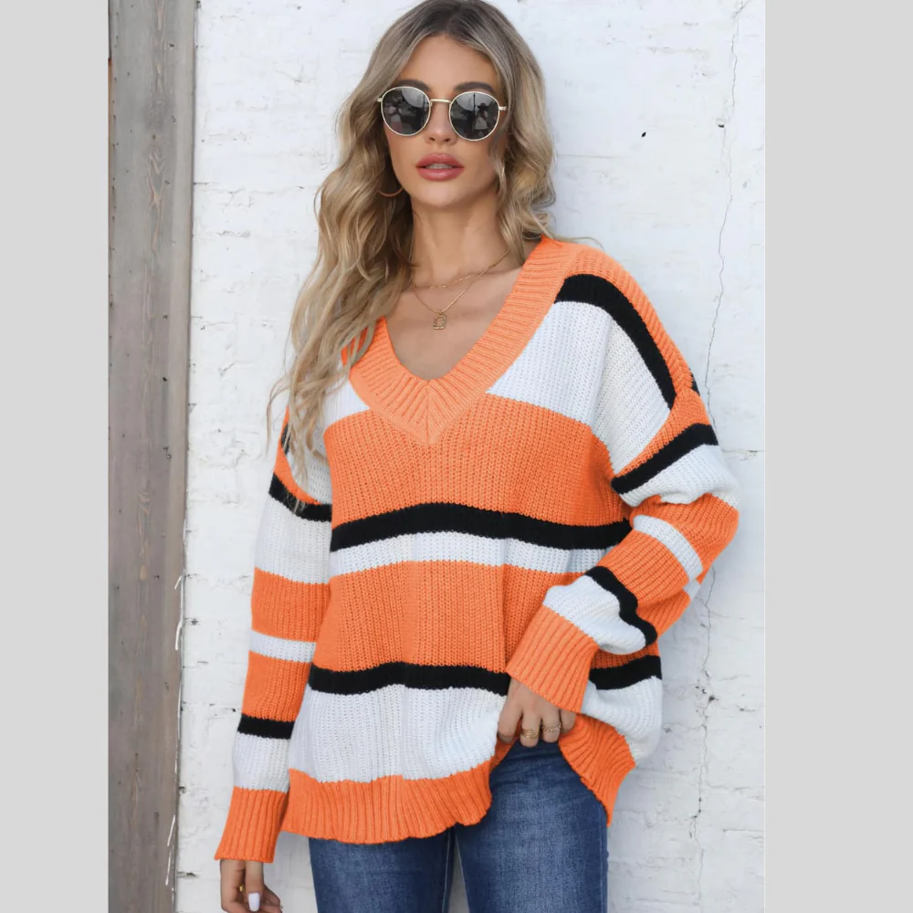 Color Block V-Neck Dropped Shoulder Sweater - ZKZOOK