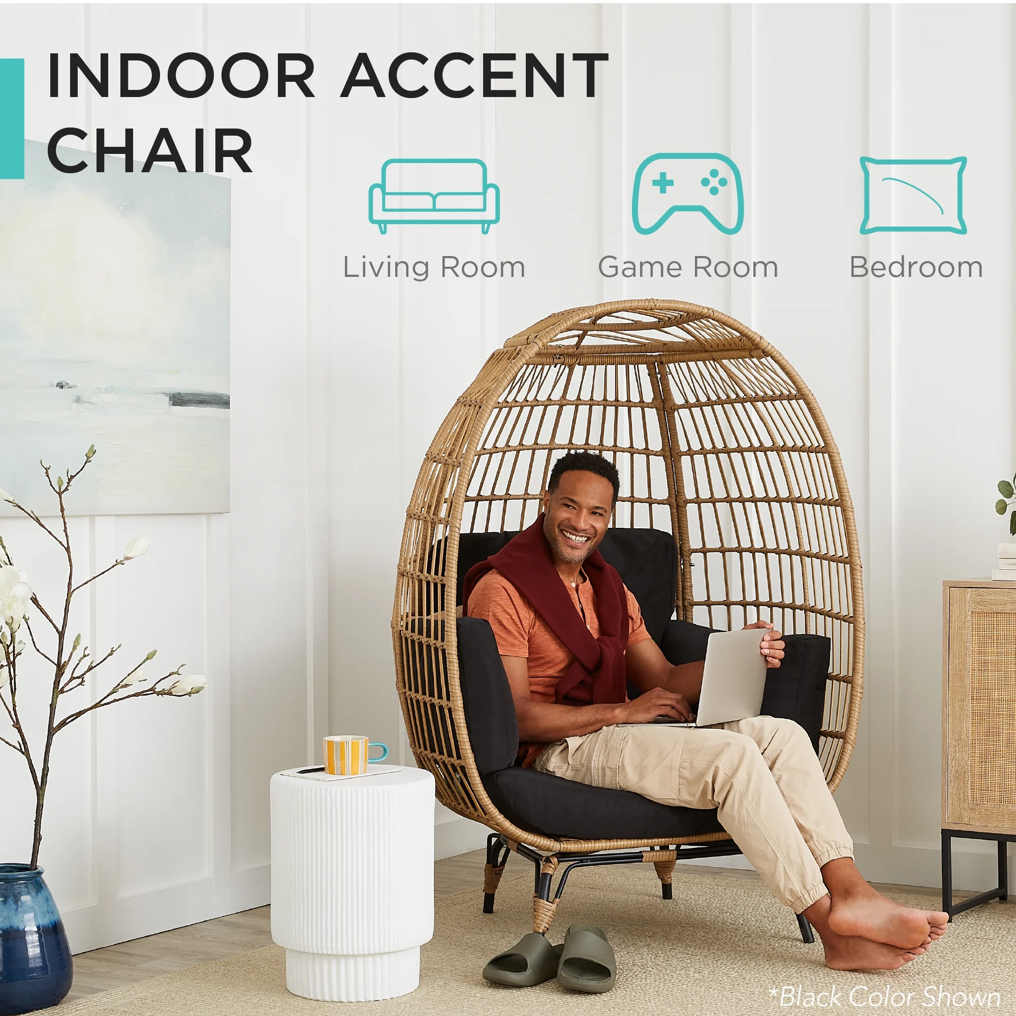 Best Choice Products Wicker Egg Chair Oversized Indoor Outdoor Patio Lounger w/ Steel Frame, 440lb Capacity - Black - Image 28
