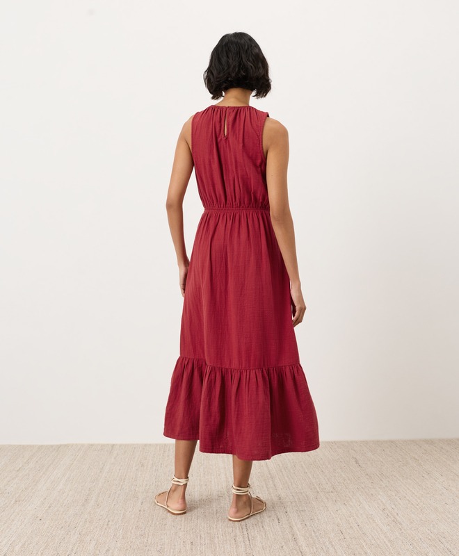 Organic Coastal Double Gauze Tiered Midi Dress - Red