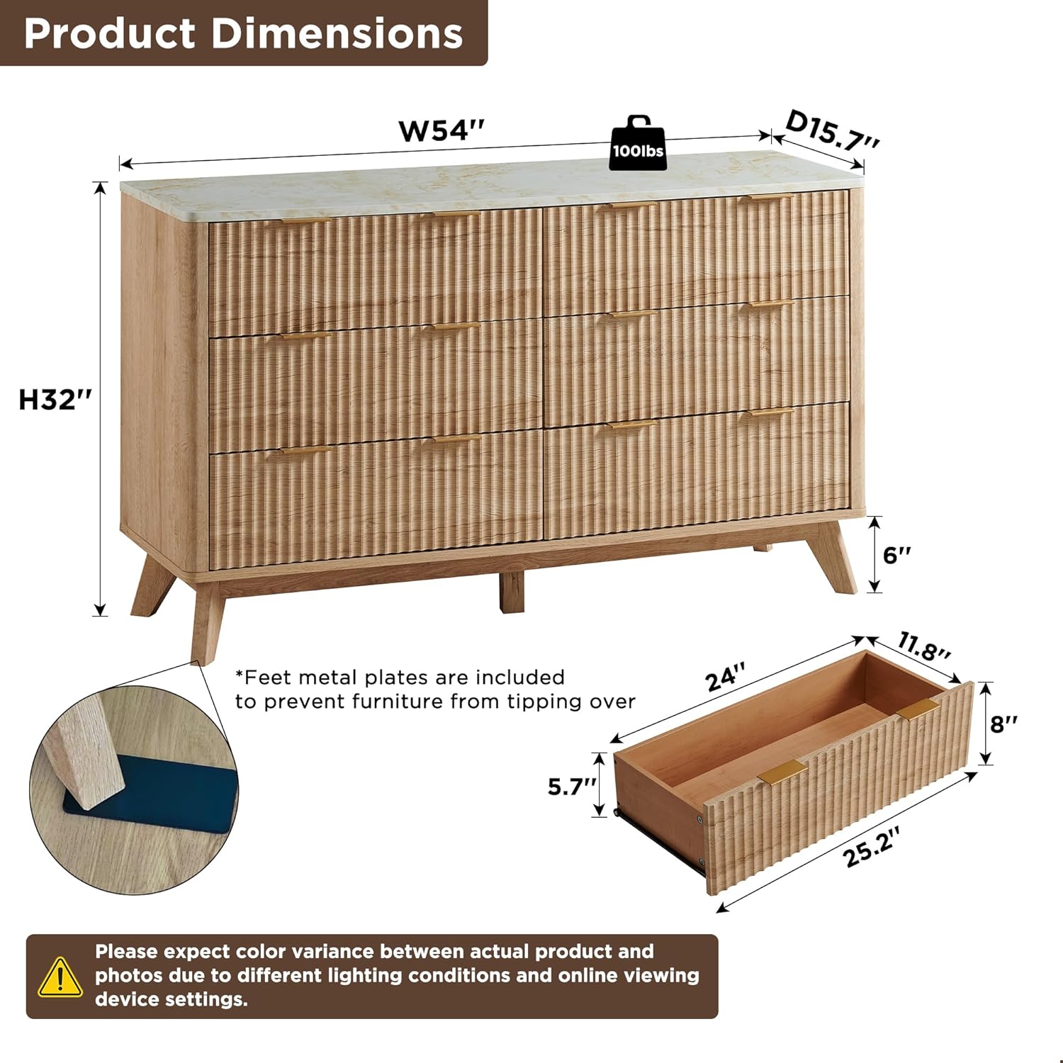 T4TREAM Fluted 6 Drawers Dresser, 54