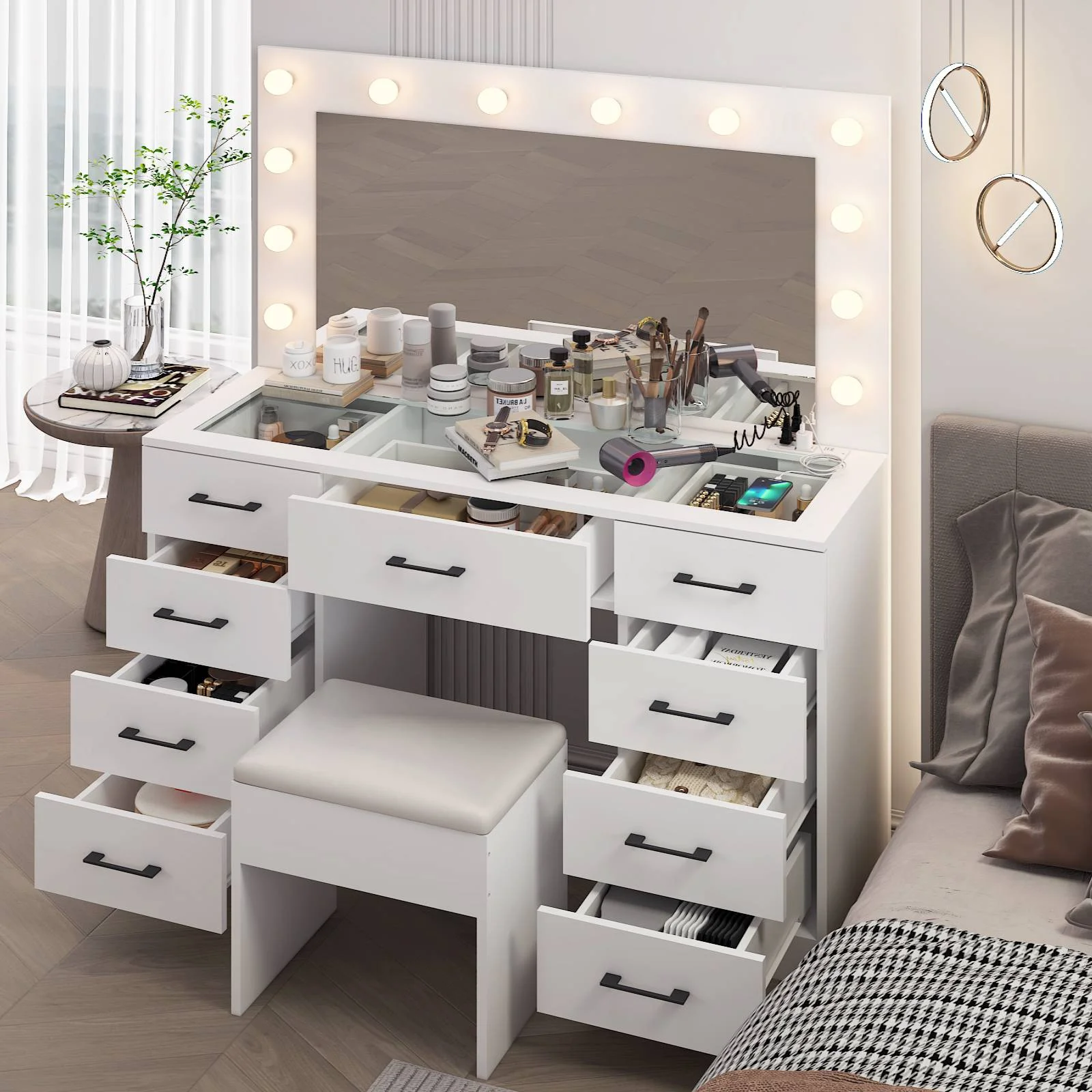 Ktaxon Large Makeup Vanity, Vanity Table Set w/ Visible Glass Top w/ Charging Station, White - Image 2