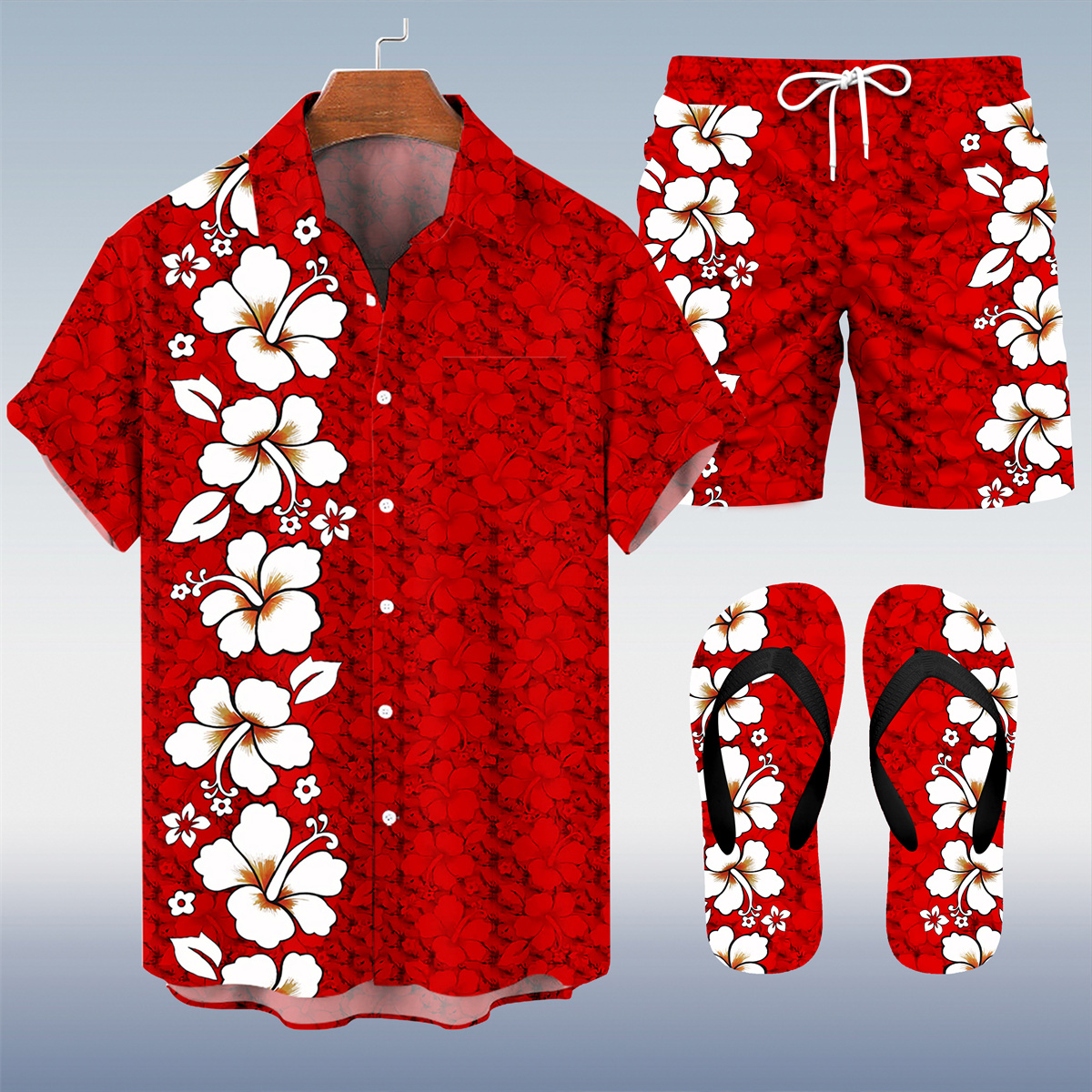 Suitmens Men's Men's Tiki Style Hawaiian Vacation Print Three-Piece Set 031