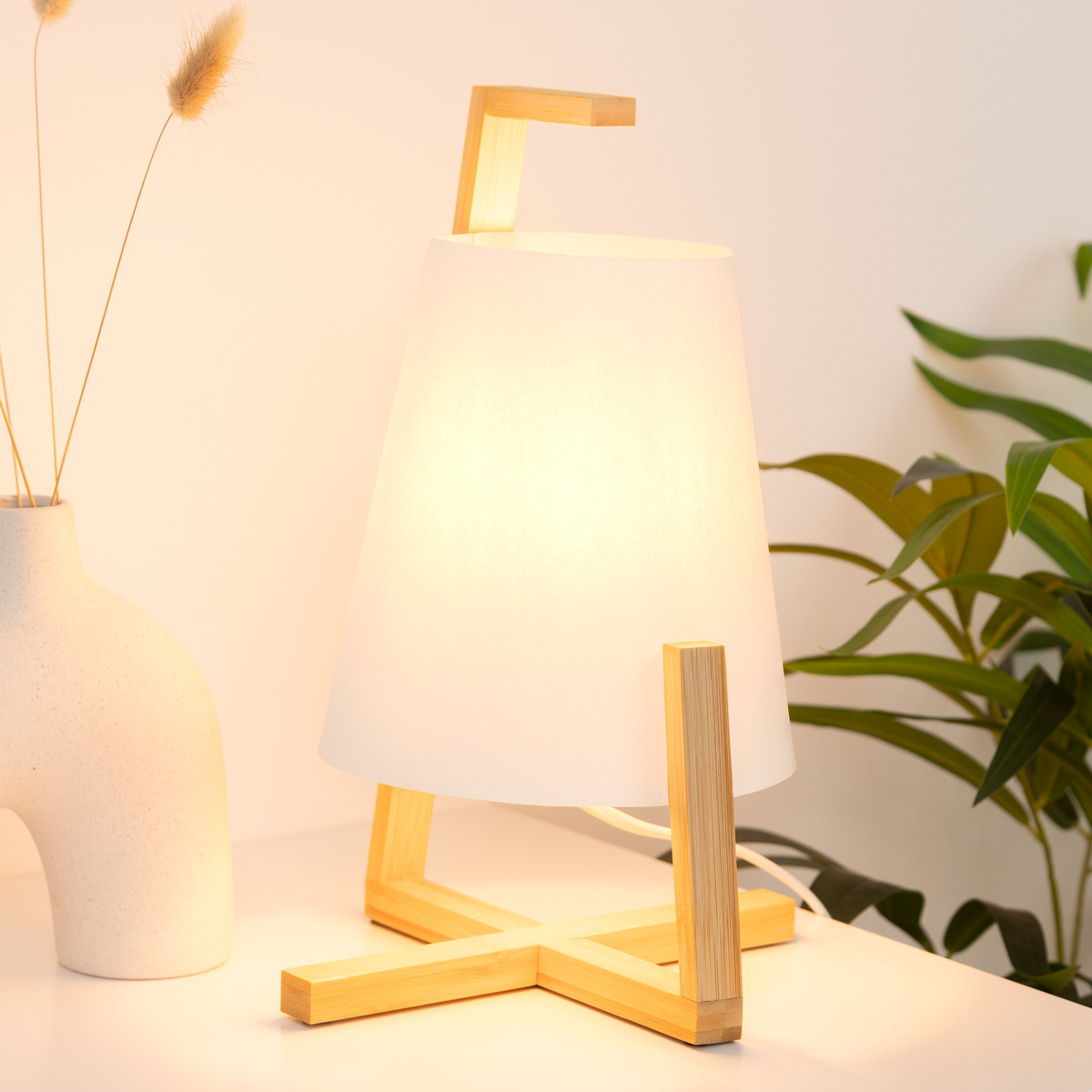Lamp "Gong" Bamboo, White, H.32 cm