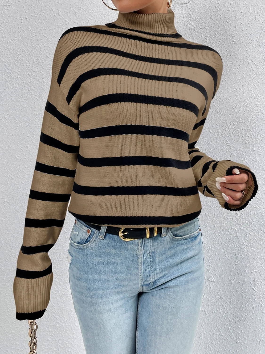 Striped Turtleneck Drop Shoulder Sweater - ZKZOOK