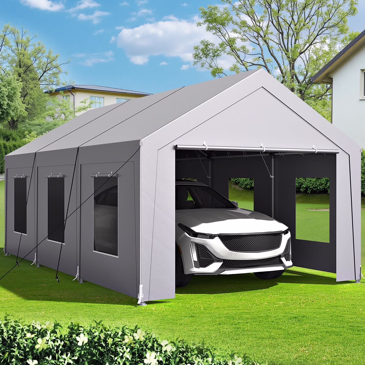 Vitarpatio Carport, 10x20 ft Heavy Duty Car Port Canopy with 6 Roll-up Windows, Reinforced Metal Carport Portable Garage Waterproof Car Tent with Removable Sidewalls & Door