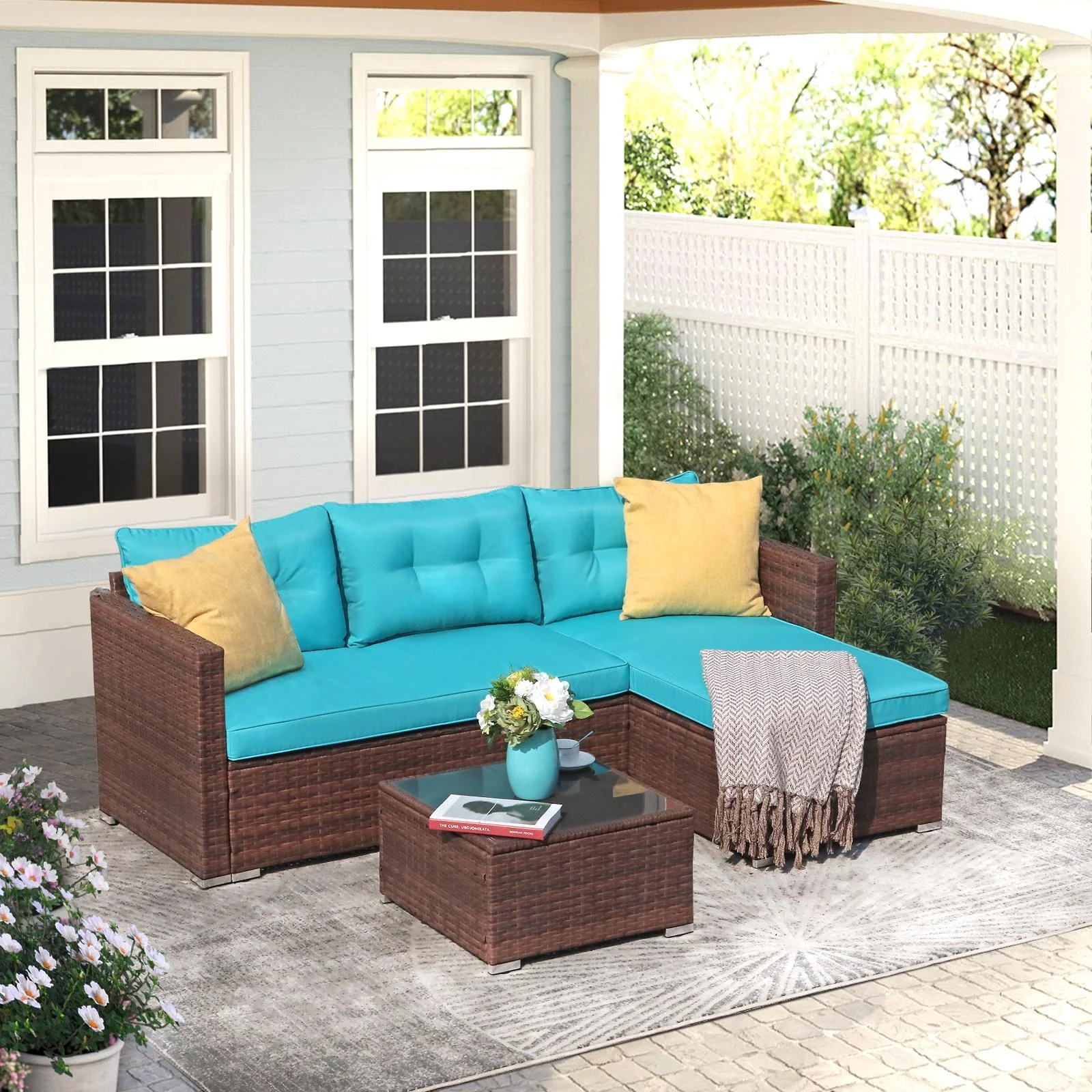 JOIVI 3 Pieces Patio Conversation Set, PE Wicker Rattan Outdoor Furniture Set, 2 Ways Small Sectional Sofa, Tempered Glass Coffee Table, Silver-Gray - Image 45
