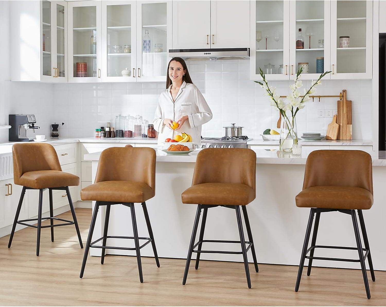 Counter Height Bar Stools Set of 4,360° Swivel Faux Leather Barstools with High Back 26