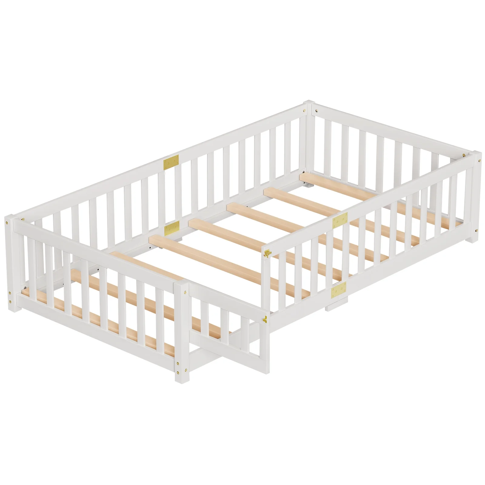 Slsy Twin Size Toddler Floor Bed, Solid Wood Montessori Bed Frame with Fence & Door Montessori Floor Bed Crib with Safety Guardrails for Girls and Boys - Image 8