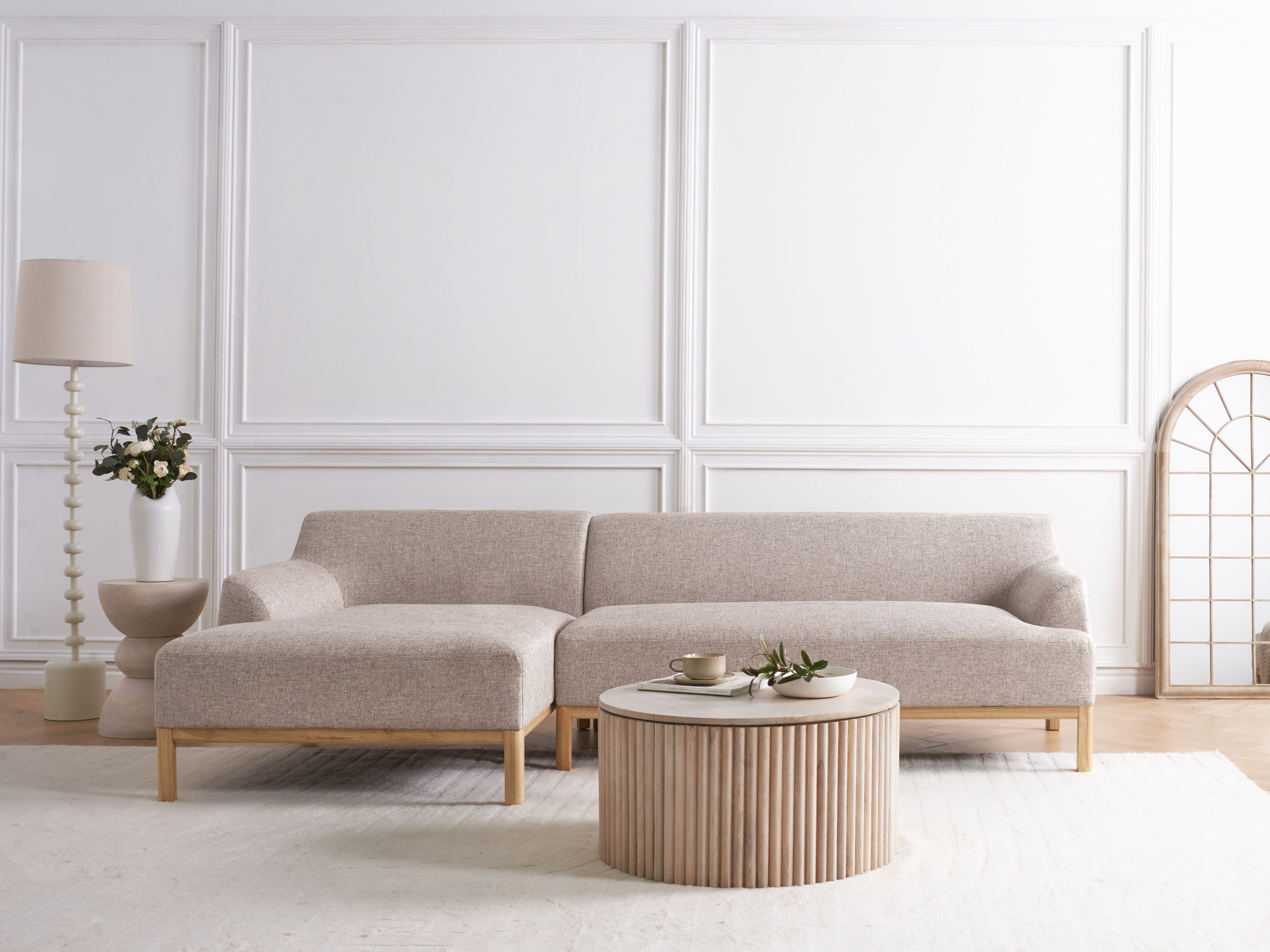 Corner Sofa 3 Seater SOSJO Fabric Light Brown Right Hand