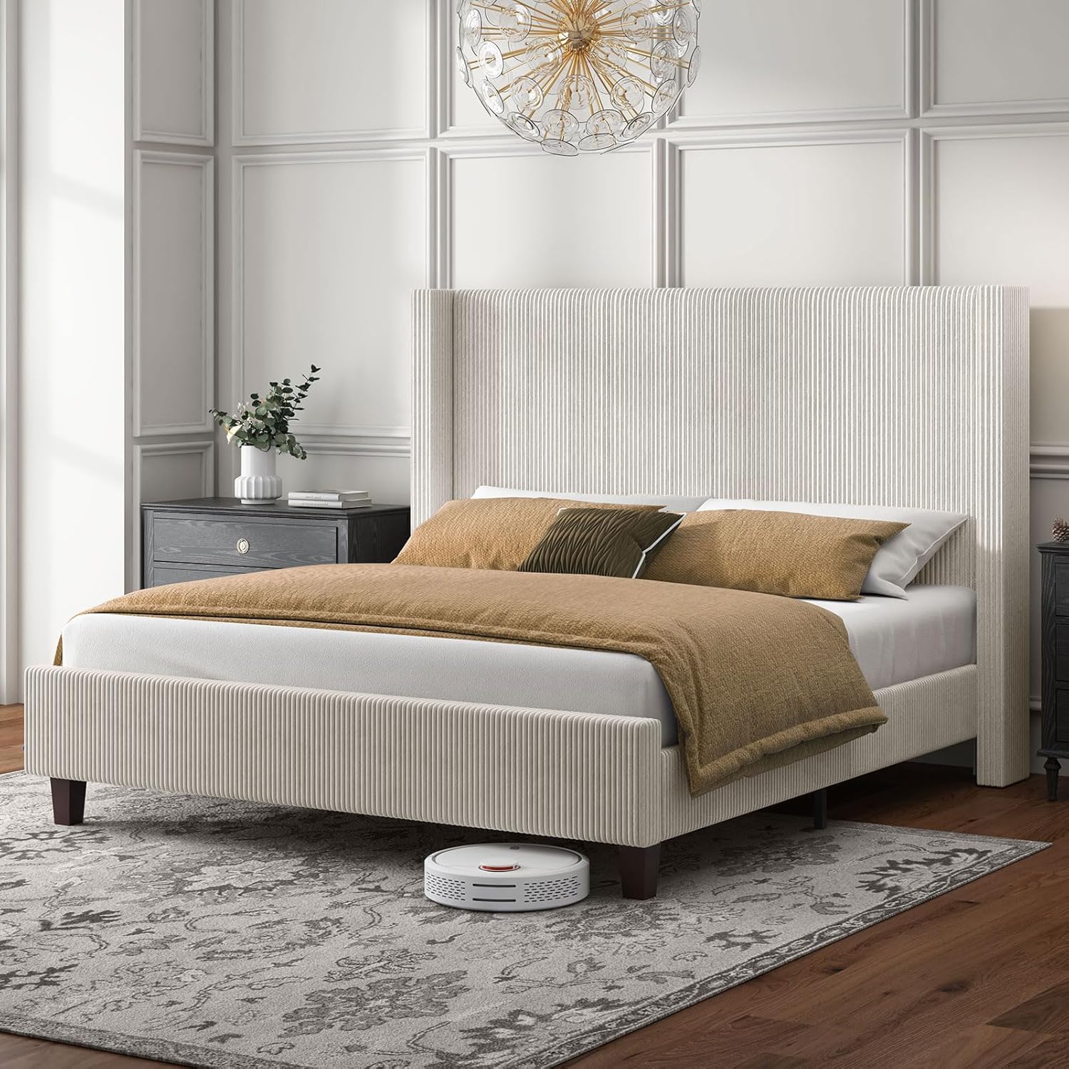 HOWE King Size Upholstered Platform Bed Frame, Wingback Bed with 50.8