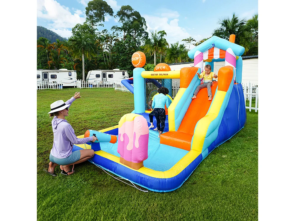 Château gonflable parc aquatique extérieur toboggan trampoline fontaine pistolets eau soufflerie 450W bleu