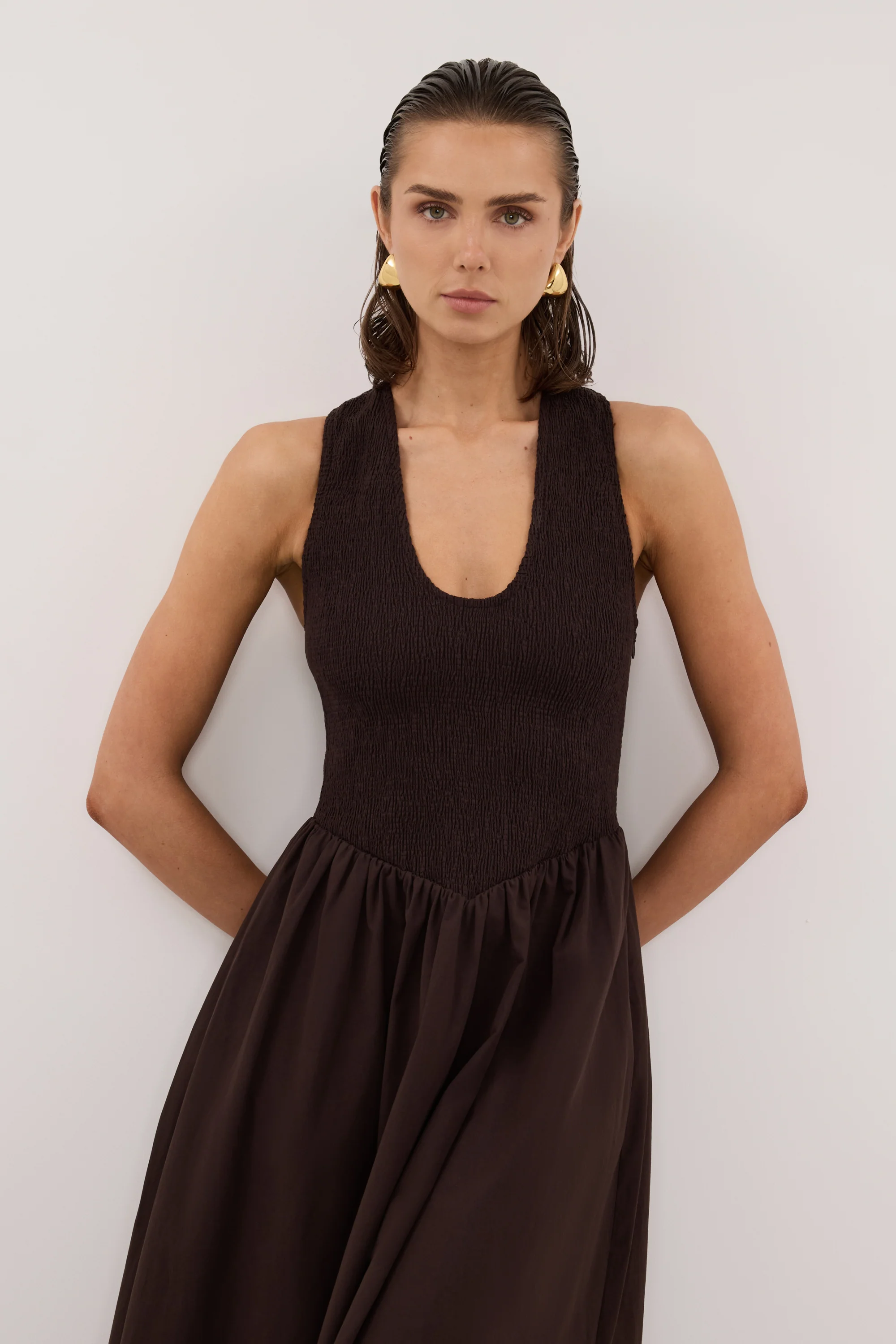 FLORENCE BURNT CHOC COTTON MIDI DRESS