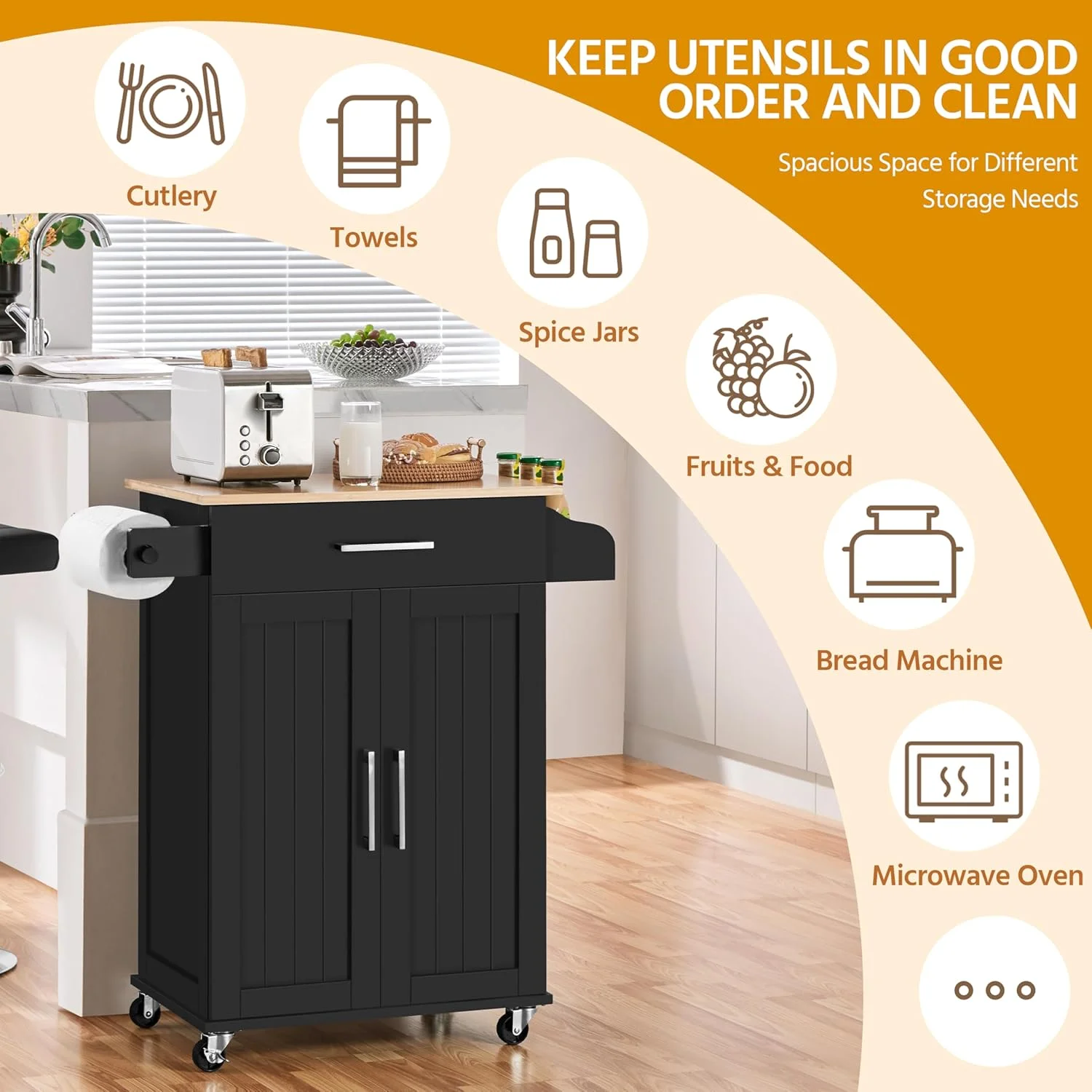 HXYHJ Kitchen Island on Wheels with Storage Cabinet, Rolling Kitchen Cart with Bamboo Top & Drawer & Spice Rack Towel Bar, Microwave Stand Cart for Kitchen/Dining Room, Black - Image 6