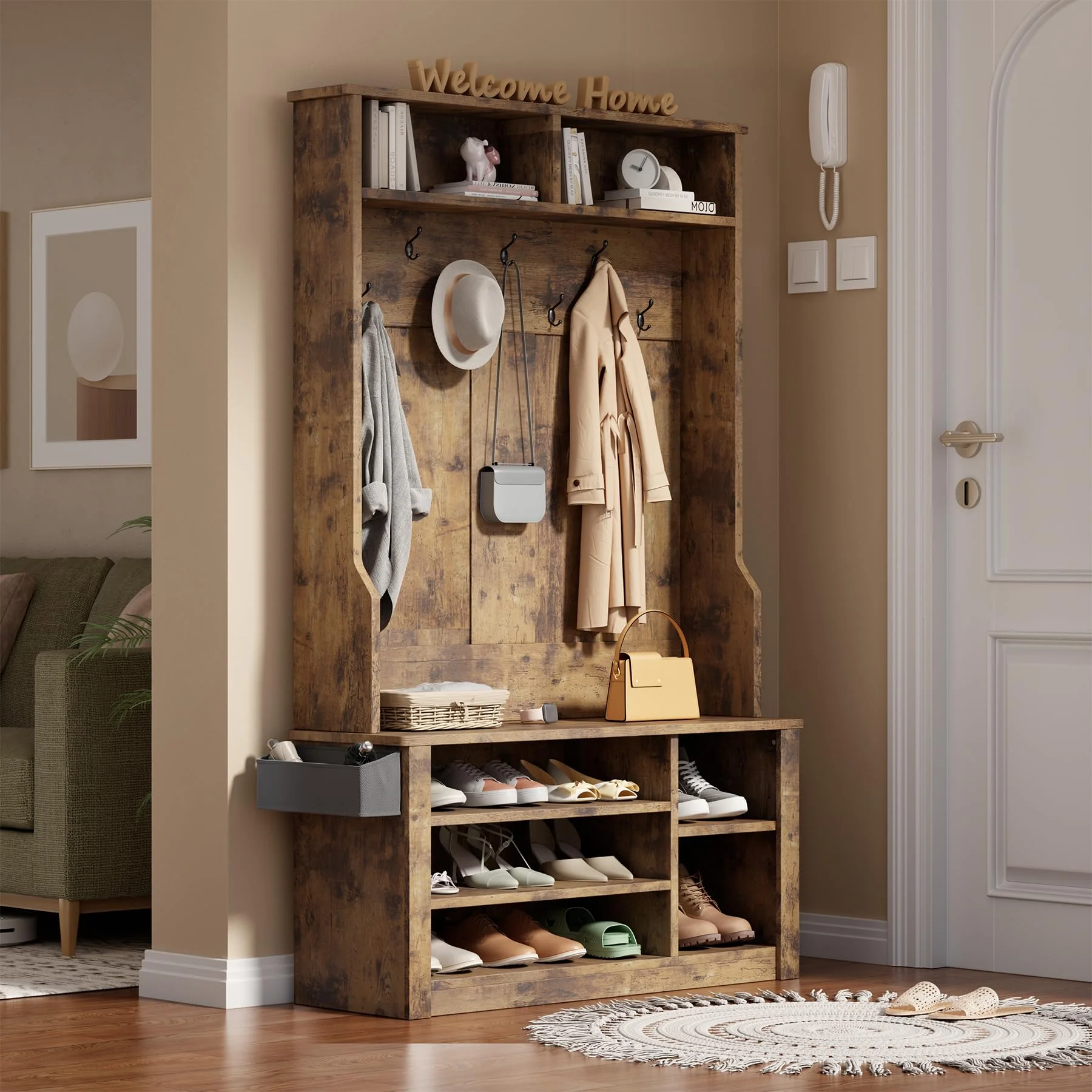 Lofka 5-in-1 Hall Tree with Bench and Shoe Storage, Entryway Hall Tree with Coat Rack, Adjustable Shoe Storage, 2-tier top storage,White - Image 18