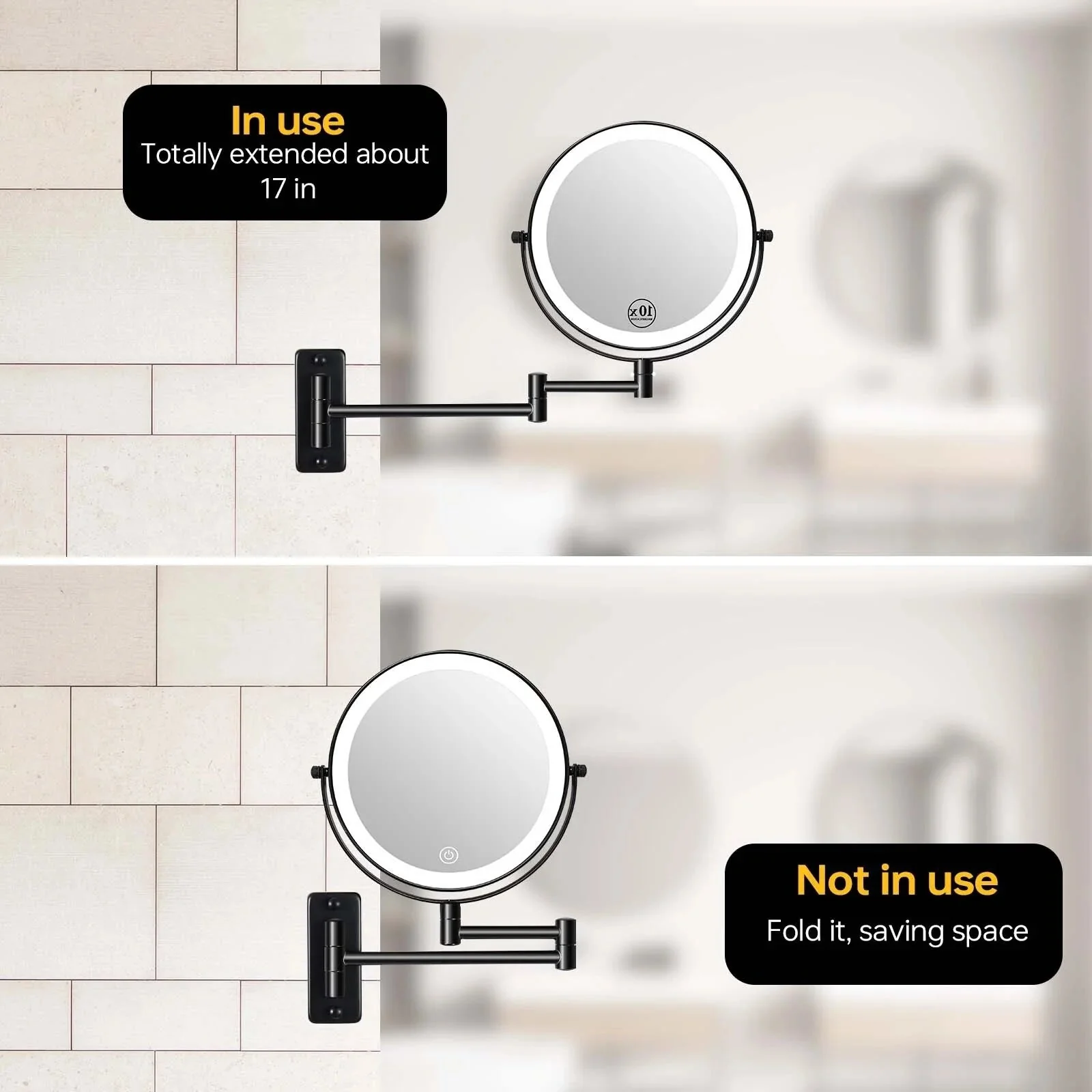 8 Inch Round Wall-Mounted Makeup Mirror, Rechargeable, 1X/10X Magnification, 3-Color LED Lights